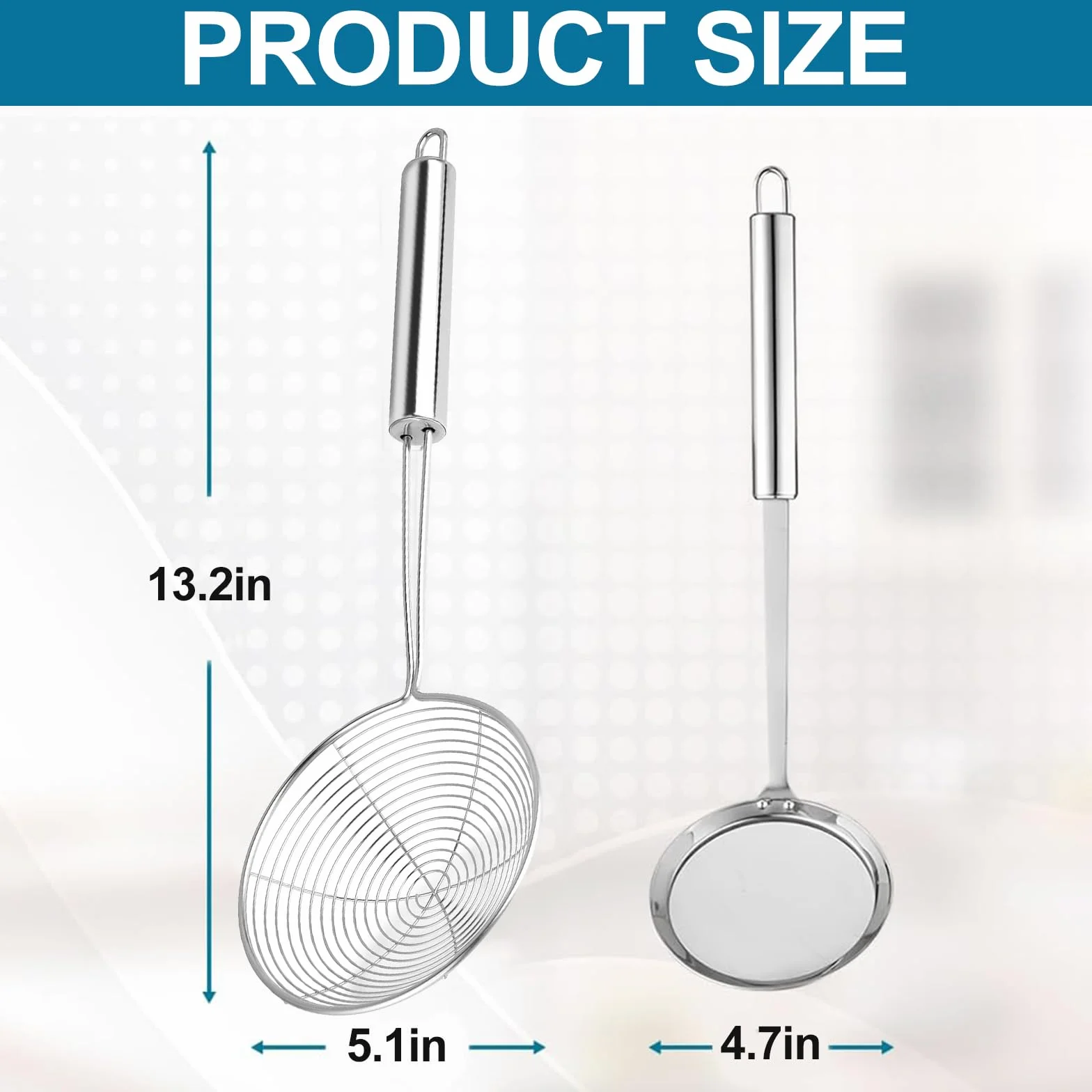 Zestaw 2 skimmerów ze stali nierdzewnej, długi uchwyt, parowanie i smażenie, Ø 14 cm i 12 cm, nadaje się do mycia w zmywarce