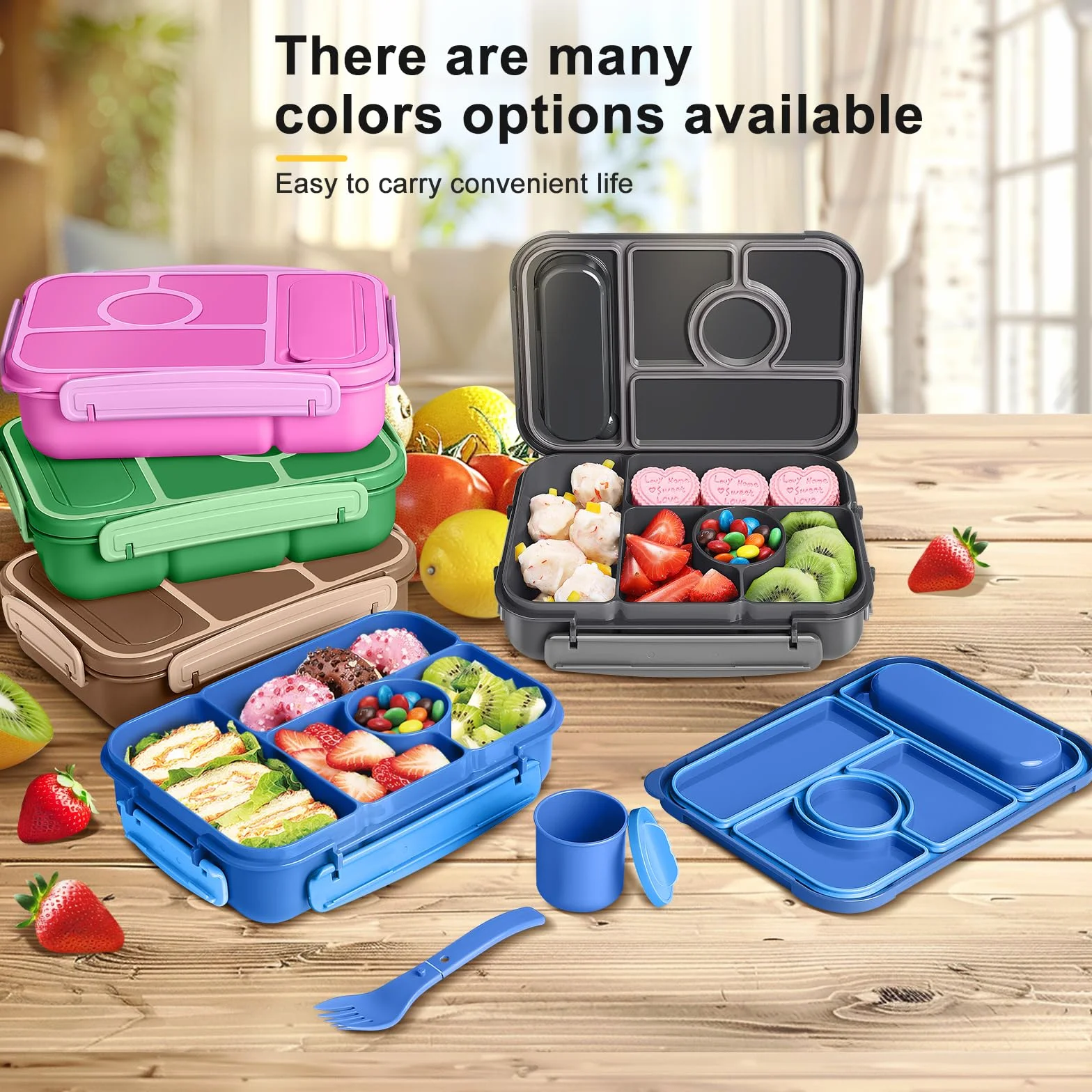 Amathley Bento Lunch Box Dla Dzieci,Pudełko na Lunch Dla Dzieci/Dorosłych,1300ML Szczelne Lunch,ze Pudełko Na Sos i 5 Przegródkami,Nbez BPA, Można Używać w (Ciemnoniebieski)