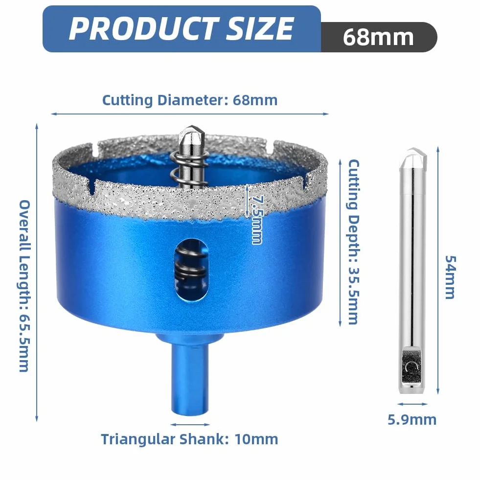 Flintronic Diamentowa otwornica 68 mm z wiertłem centralnym, diamentowa, do cięcia szkła, płytek, porcelany, ceramiki, marmuru