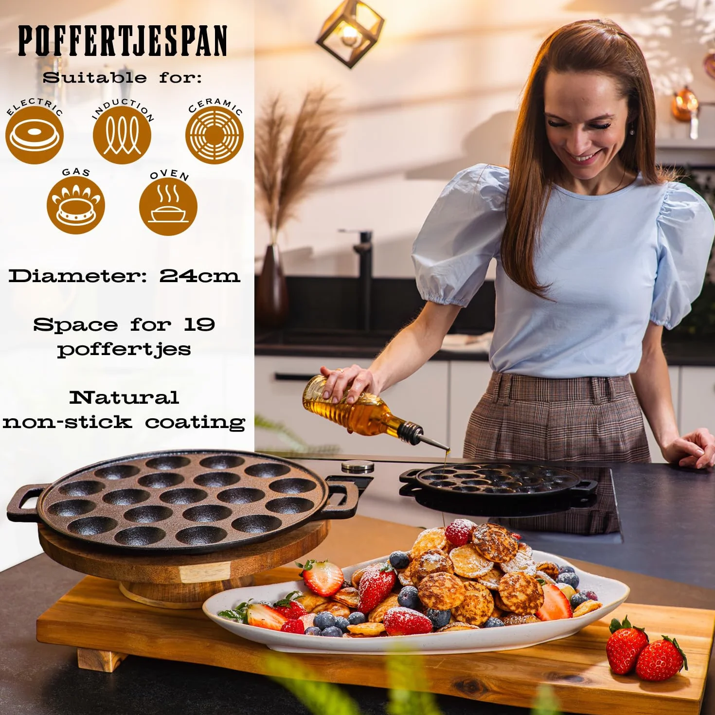 IRONO Żeliwna Patelnia do Poffertjes 19 Mini Naleśników z Pędzlem do Masła
