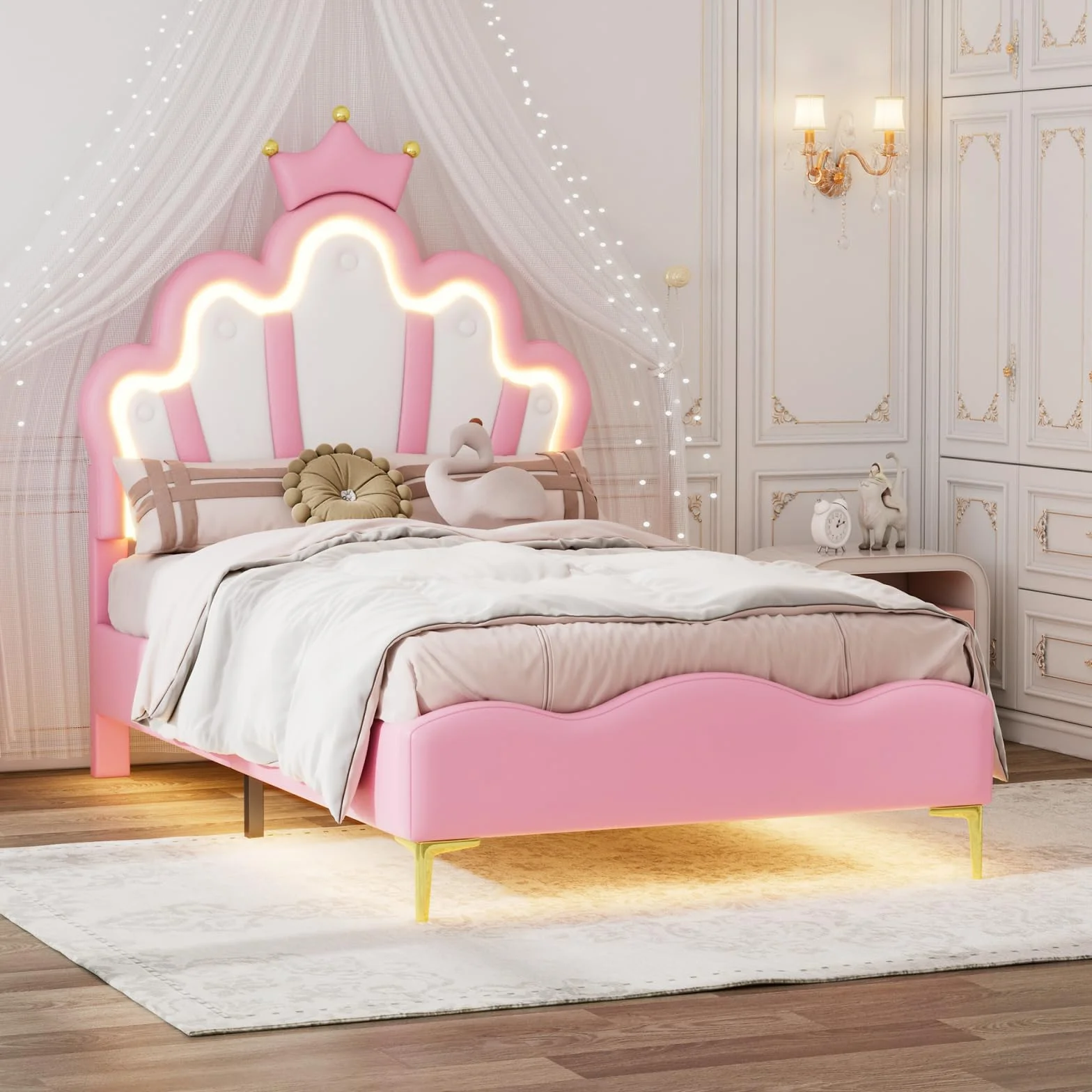 KeepGoon Łóżko dziecięce, tapicerowane, 90 x 200 cm, ze stelażem listwowym i oświetleniem LED, płaskie łóżko z zagłówkiem w kształcie chmury, łóżko księżniczki, w kształcie korony, miękkie wypełnienie