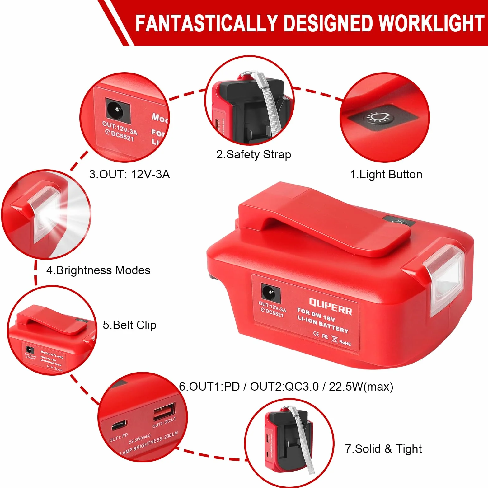 Adapter USB do akumulatora Milwaukee M18 18 V, konwerter z podwójnym portem ładowania USB, port DC 12 V, bezprzewodowa latarka i światło robocze LED (tylko adapter)