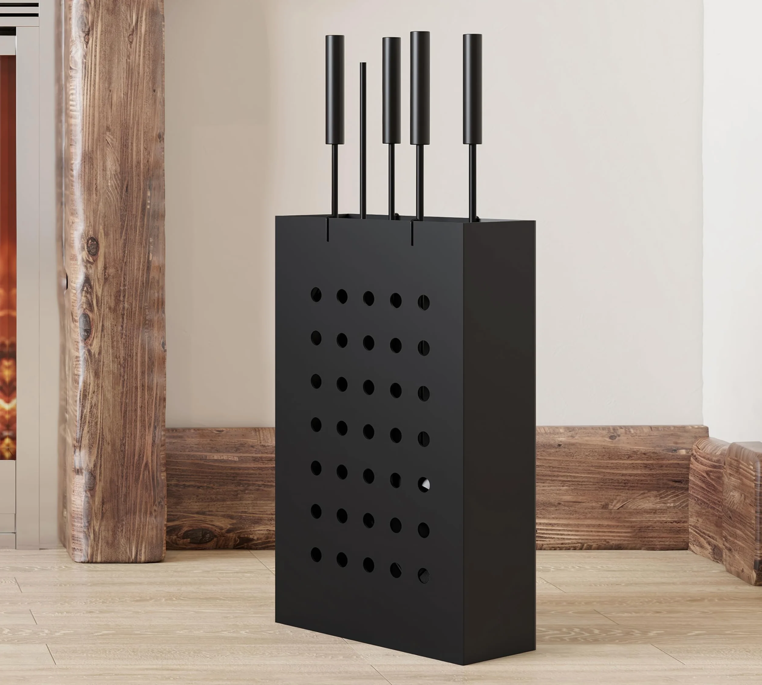 Kingson Zestaw kominkowy Black Iron z prostokątnym wiadrem na popiół, 4 narzędzia do zawieszania (poker, szczotka, łopata, szczypce), kompaktowy zestaw narzędzi kominkowych do palników na drewno