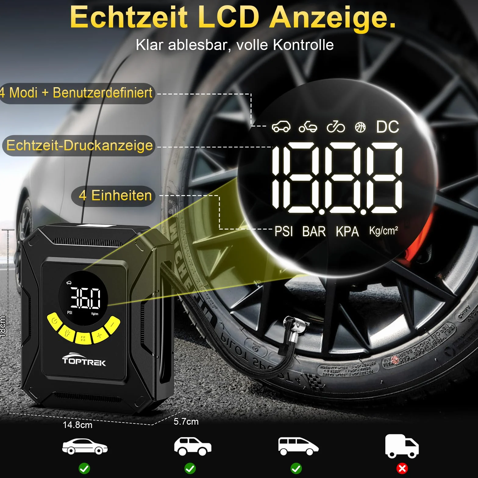toptrek Sprężarka samochodowa 12 V DC, pompa do opon samochodowych, 10,3 bar, sprężarka powietrza z dużym wyświetlaczem LCD, wstępnie ustawione ciśnienie, automatyczne wyłączanie, pompka powietrza do