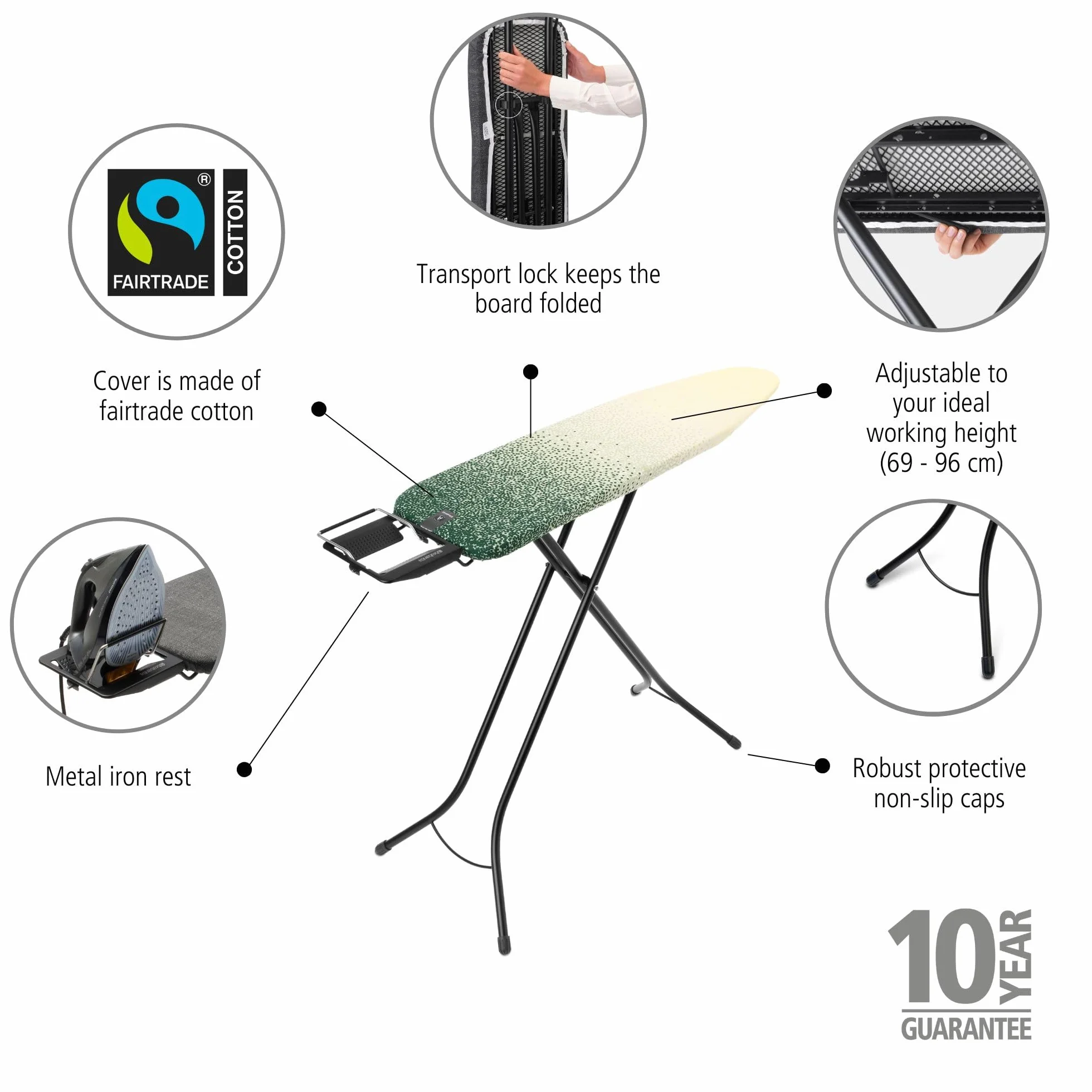 Brabantia - Ironing Board A - With Adjustable Iron Rest - Adjustable Height - Non-Slip Rubber Feet - 100% Fairtrade Cotton Cover with Foam Layer - Foldable - New Dawn - Size A (110x30 cm)