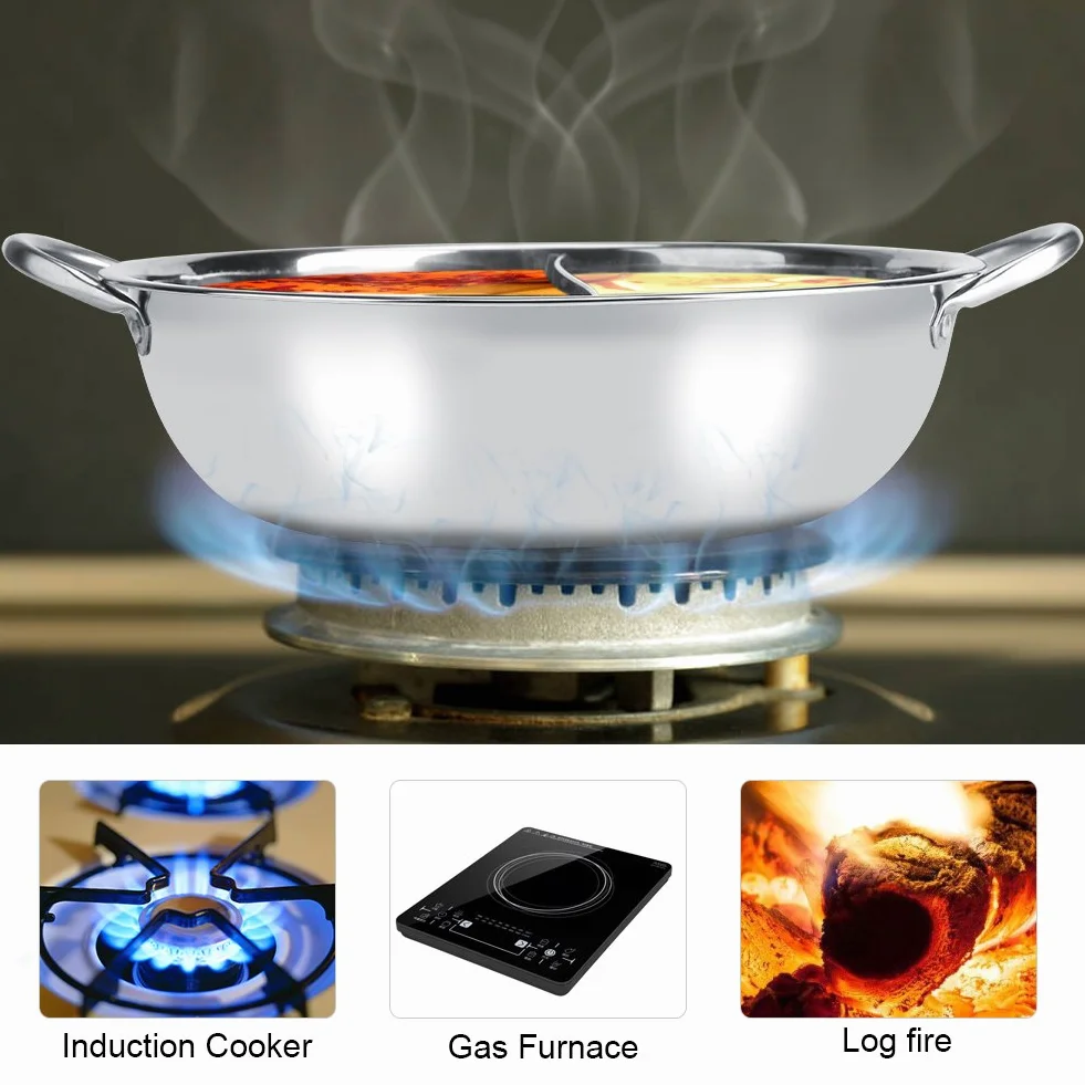 Chiński Hot Pot, dwupokojowy garnek ze stali nierdzewnej Shabu-Shabu, głęboki dla 4-5 osób, używany z kuchenką indukcyjną / piekarnikiem gazowym / piekarnikiem elektrycznym / płytą ceramiczną - srebrny (34cm)