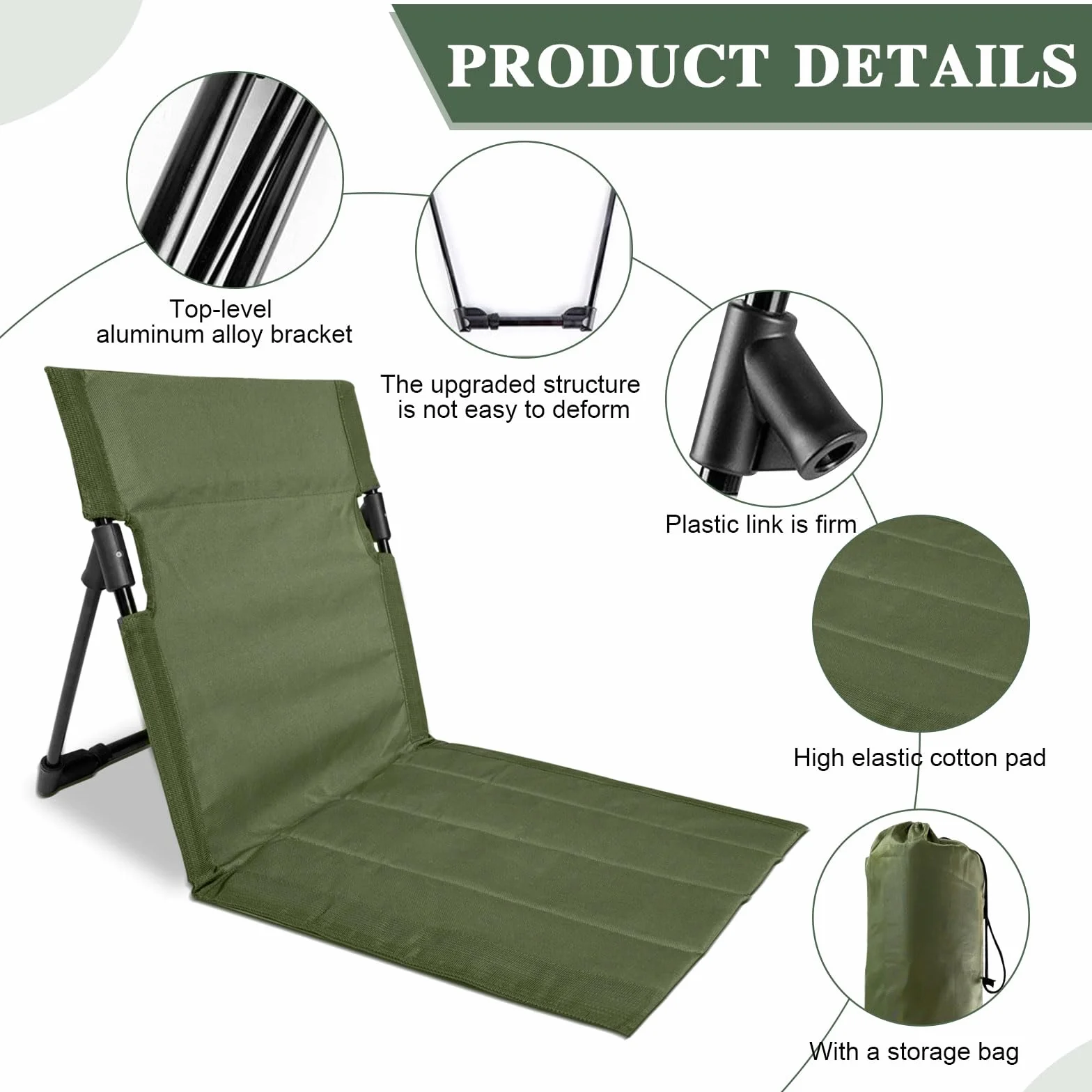 Składane Krzesło Plażowe Outdoor Army Green z Oparciem, Lekkie na Kemping