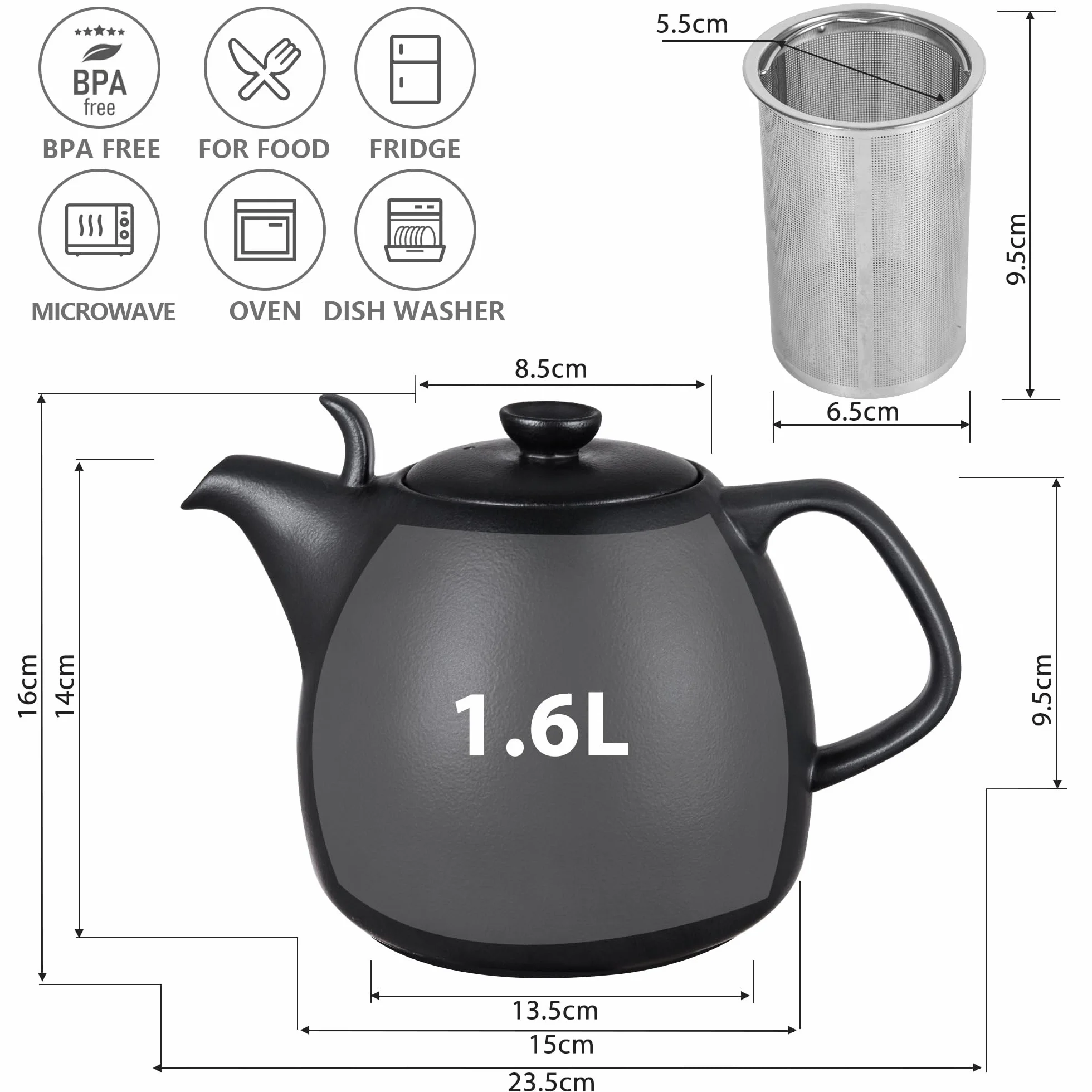 Urban Lifestyle czajnik do herbaty z podgrzewaczem 1,6 L porcelanowy czajnik czarny mat z zaparzaczem ze stali nierdzewnej do herbaty sypanej z filtrem zestaw do herbaty Copenhagen