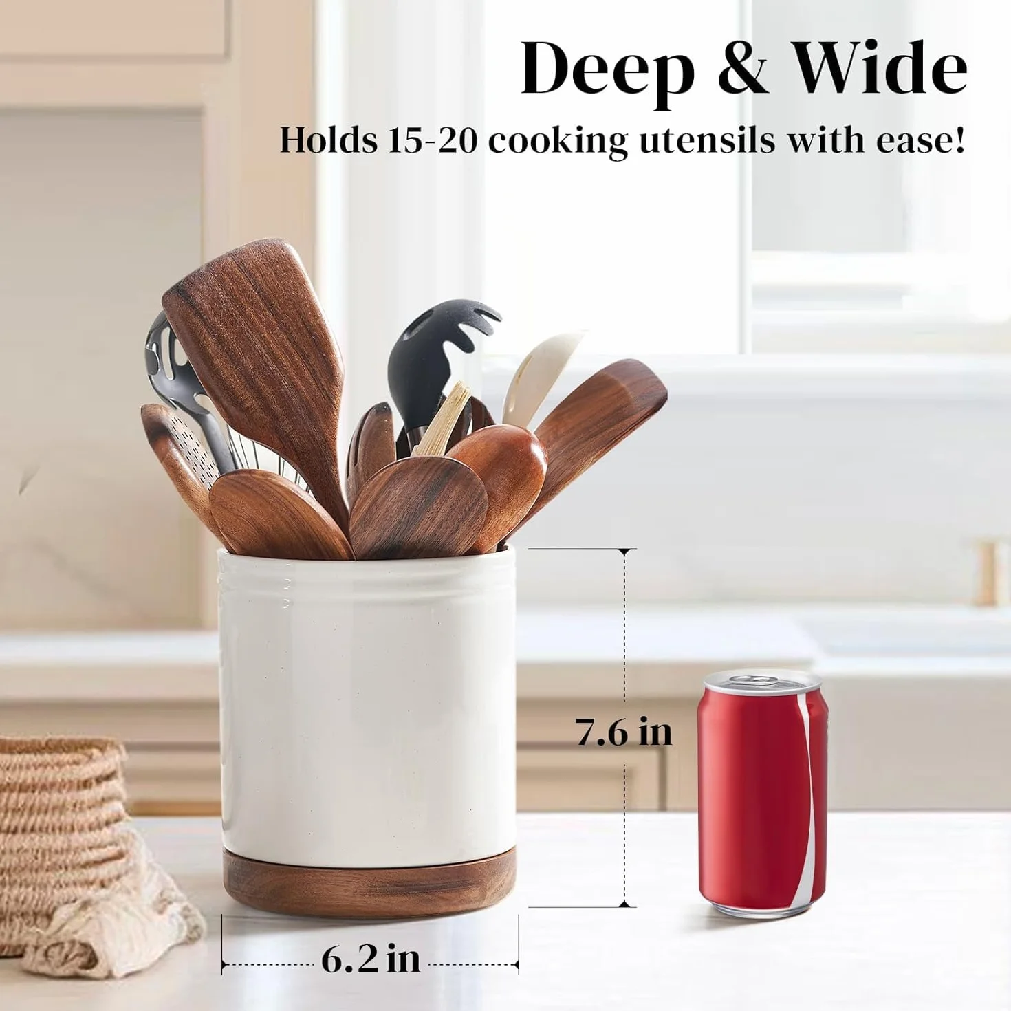 DOWAN Portautensili girevole a 360°, grande portautensili in ceramica bianca, organizer per utensili da cucina con protezione sul piano di lavoro, fondo in sughero per casa colonica e cucina, regalo