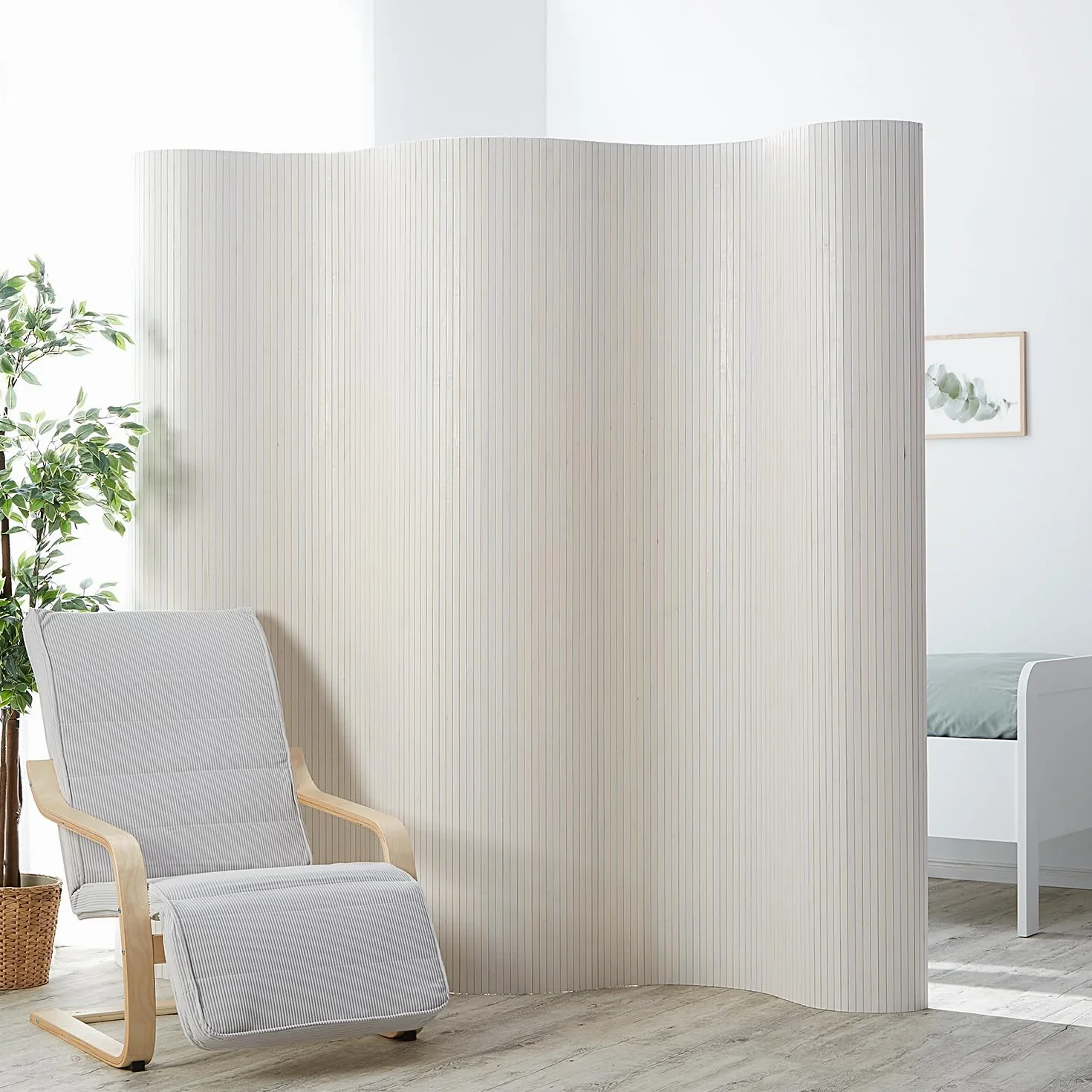 Homestyle4u Parawan przegroda pokojowa wewnętrzna bambus biały 195 cm wysoki separator pokojowy ścianka działowa na kółkach kształt fali osłona wzroku | Artykuł 305