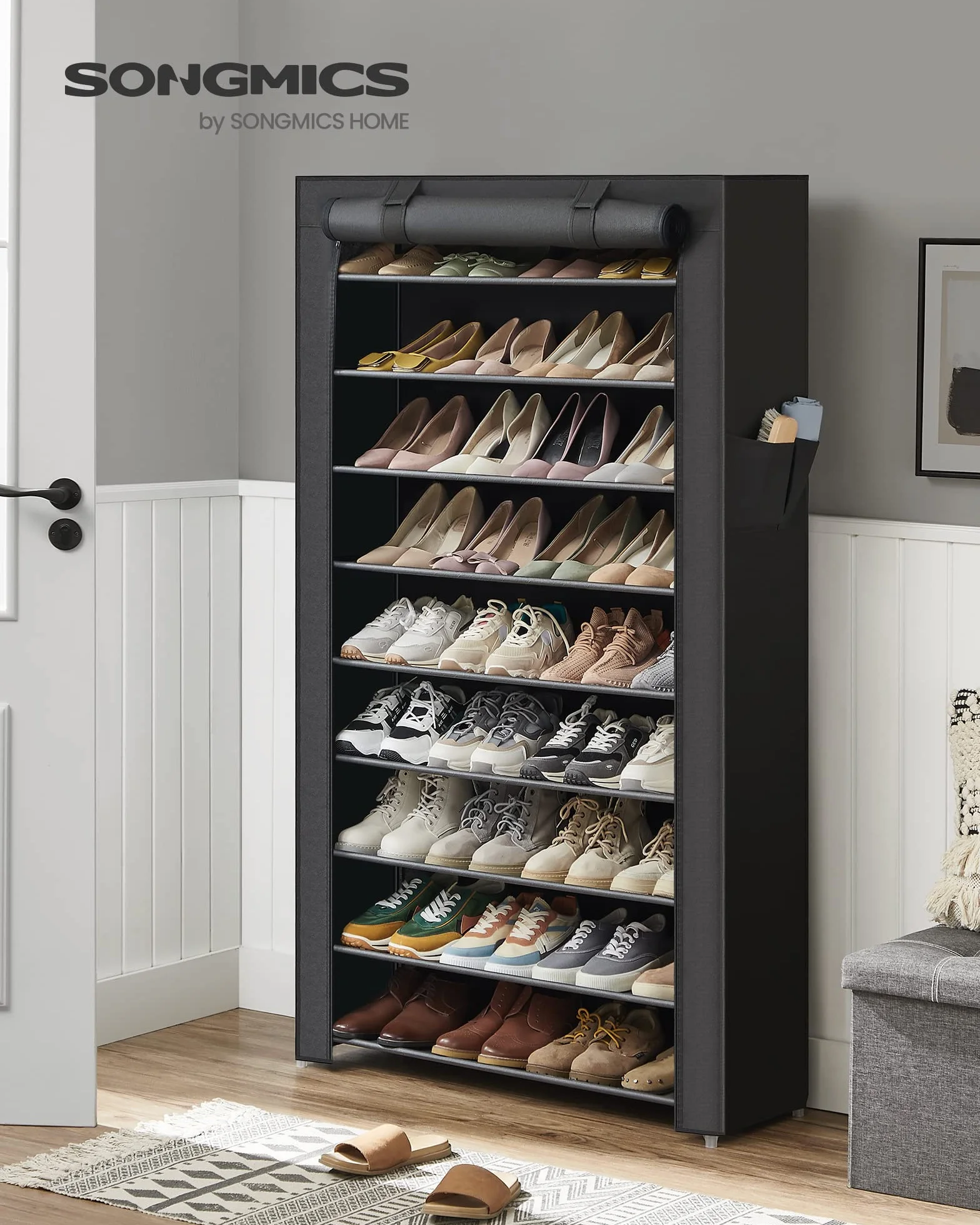 SONGMICS regał na buty z 10 poziomami, z odporną na kurz powłoką, szafka na buty, do 40 par butów, do salonu, korytarza, 88 x 28 x 160 cm, czarny RXJ36HV1