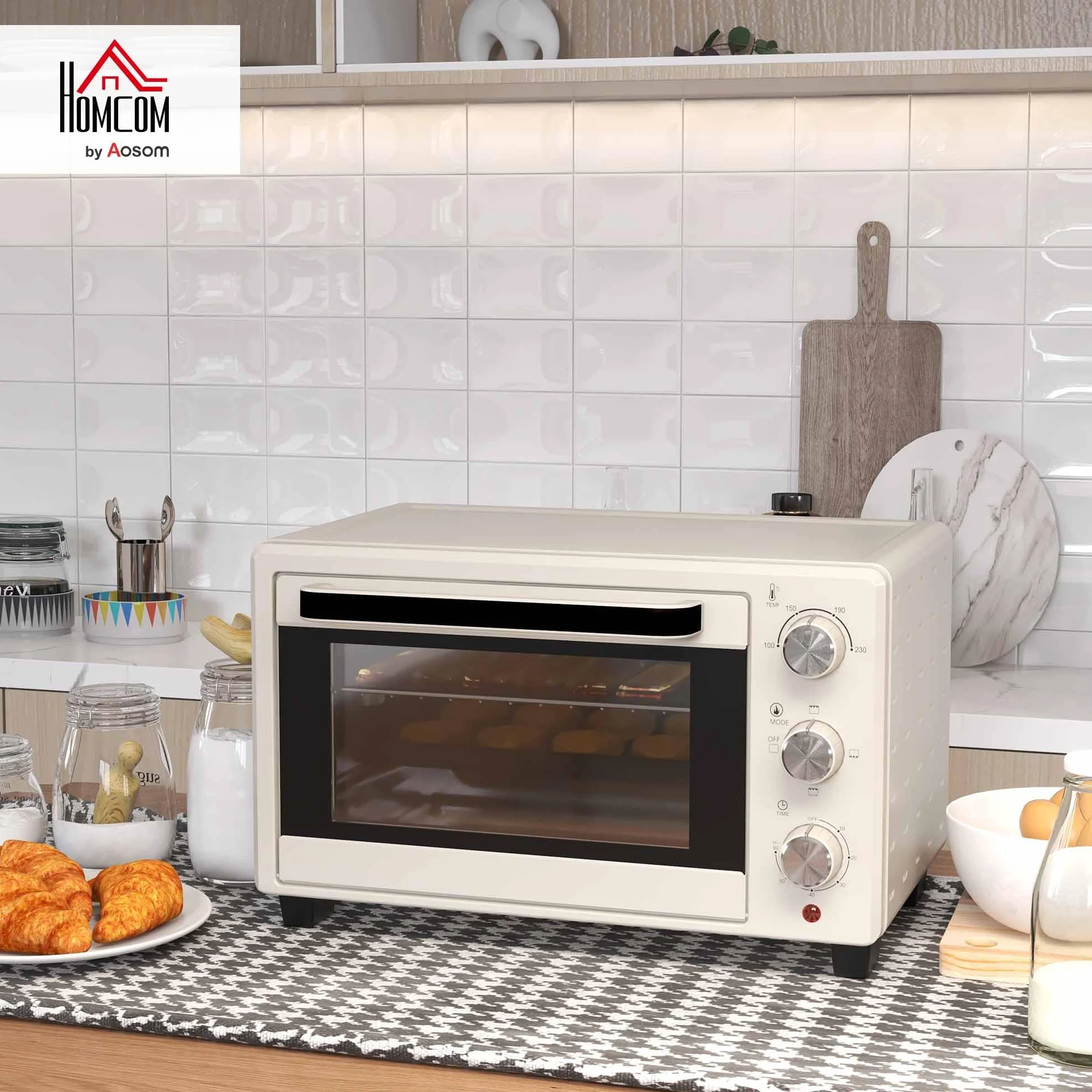 HOMCOM Mini piekarnik 21 l, 1400 W, 100-230°C, timer 60 min, blacha do pieczenia, ruszt do grillowania, pizza, kremowy biały