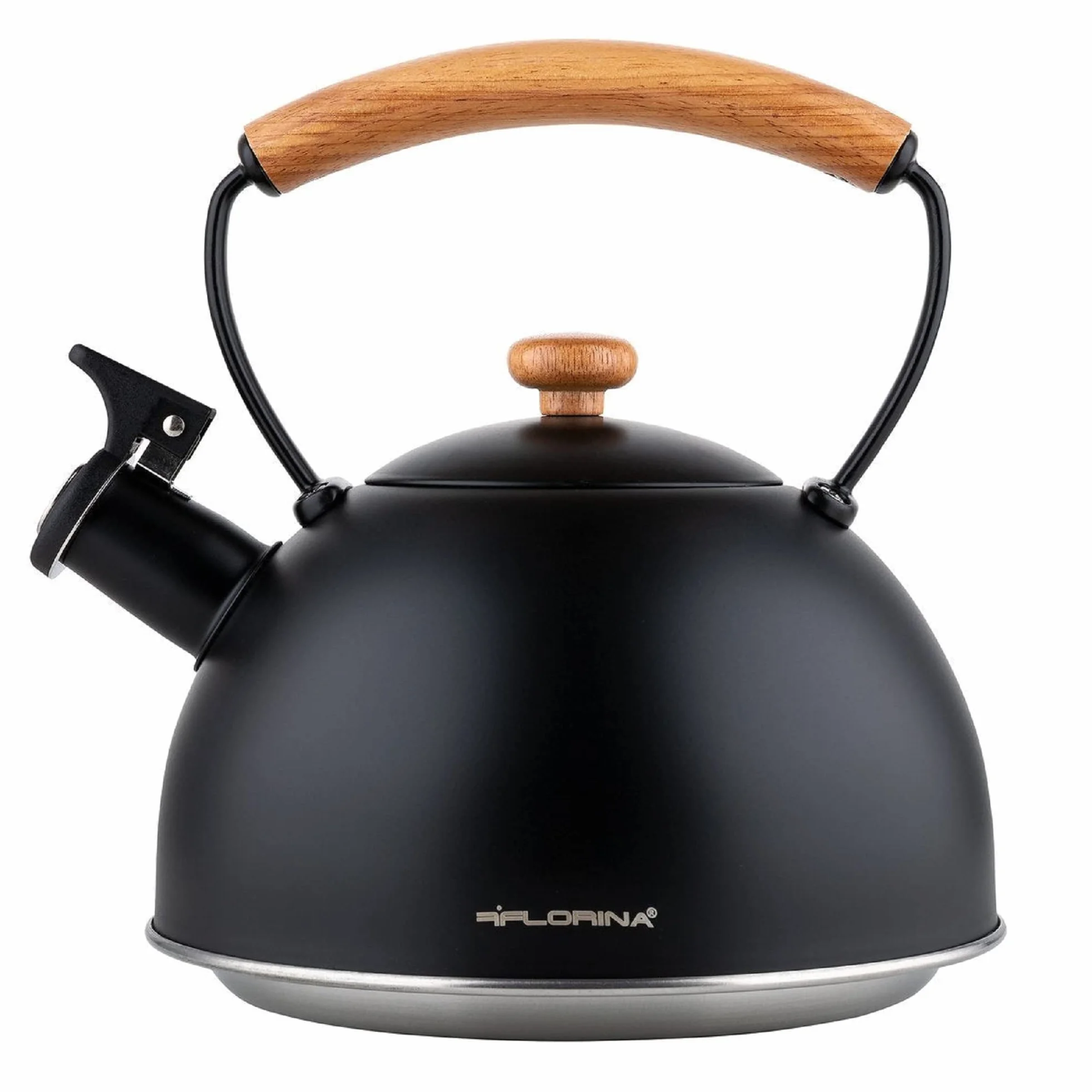 FLORINA Wooden czajnik na wodę, indukcyjny, do wszystkich rodzajów kuchenek, 2,3 l, stal nierdzewna, uchwyt drewniany, Cool-Touch, do kawy, szklanej, ceramicznej, gazowej, elektrycznej, czarny, 5C7084