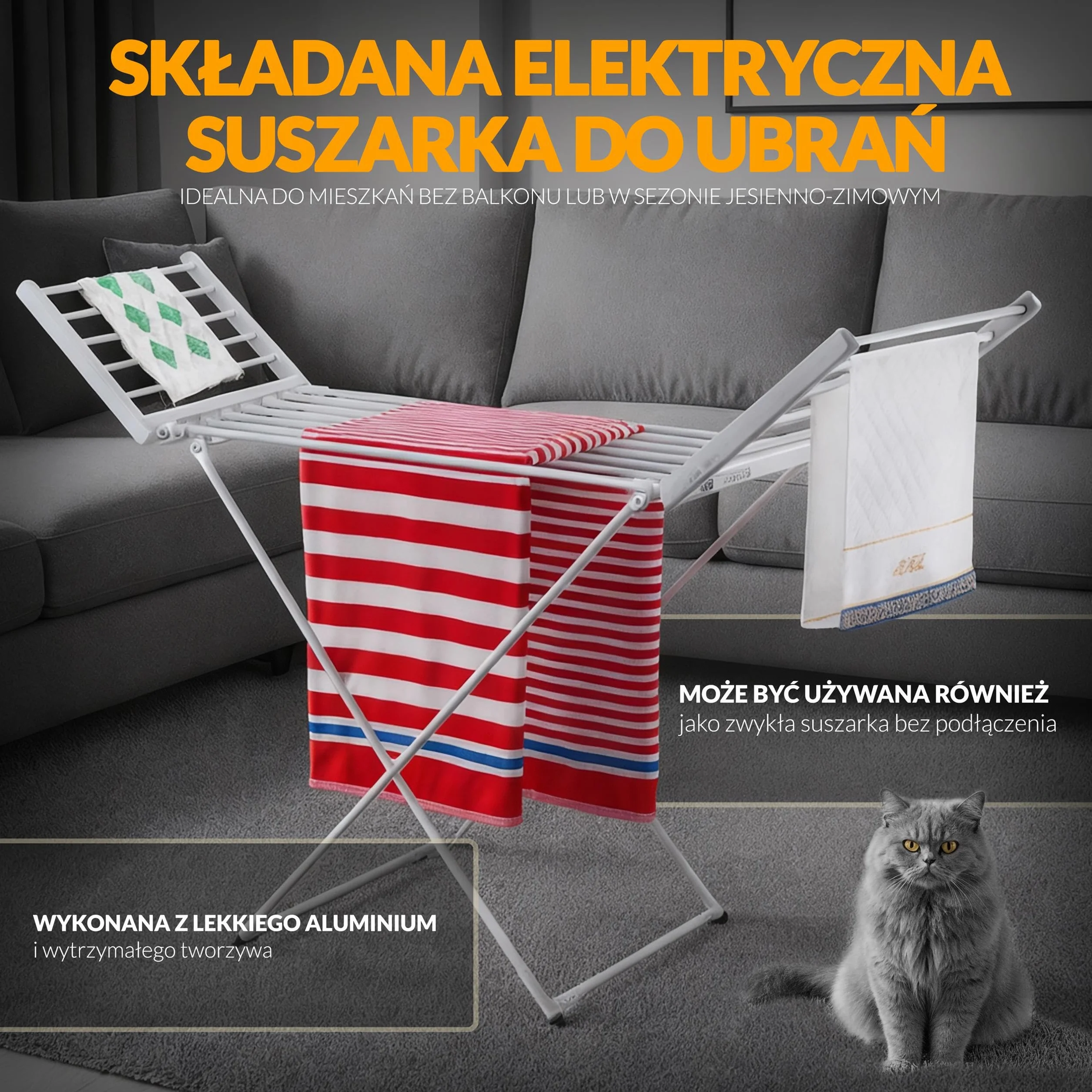 Elektryczna suszarka na pranie, Suszarka do ubrań z 18 prętami grzejnymi, Podgrzewany stojak do suszenia prania o mocy 220W, 148 x 52,5 x 90 cm, Skraca czas suszenia, IP22, Srebrno-Biała