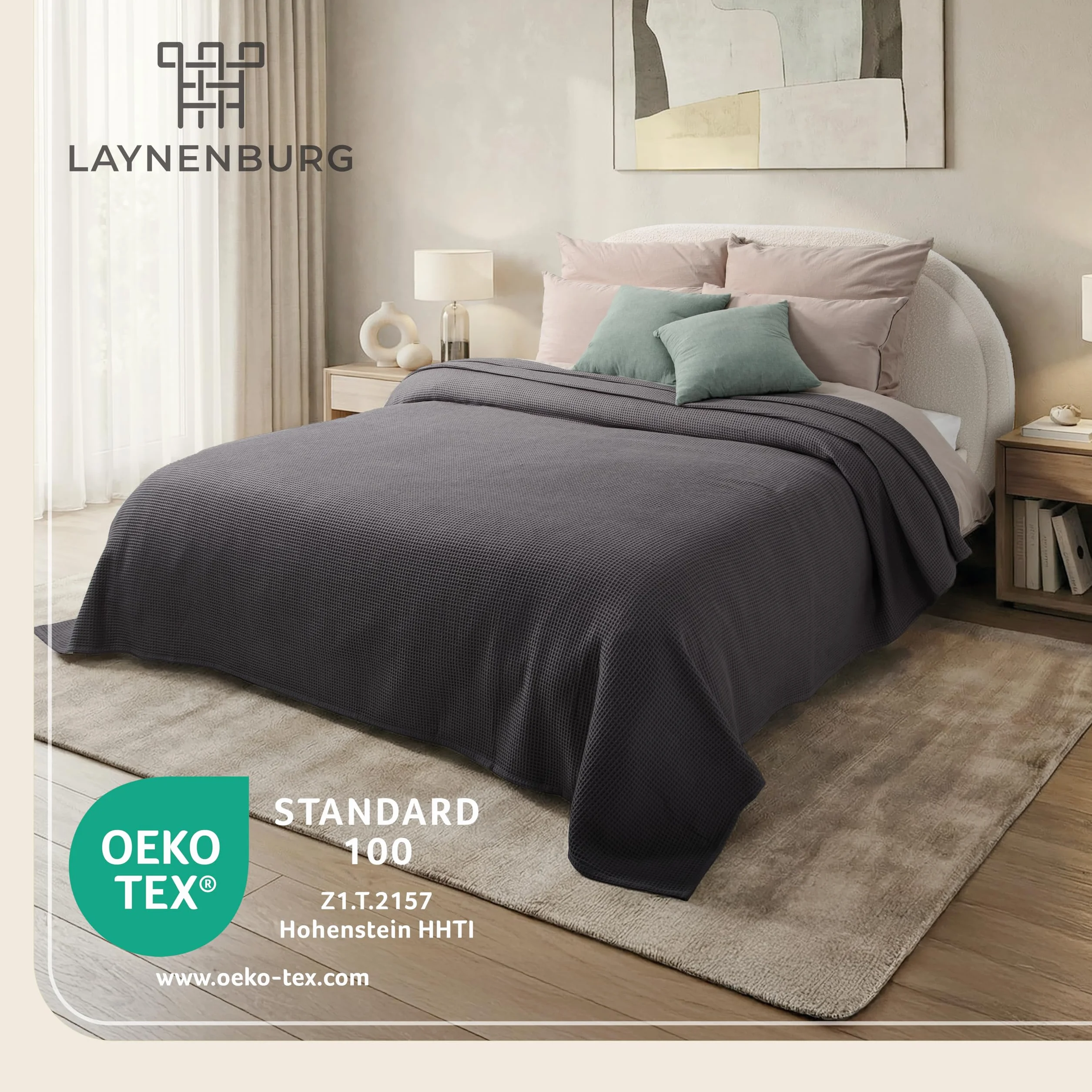 LAYNENBURG narzuta klasy premium, 180 x 220 cm, 100% bawełny o strukturze waflowej, lekkie nakrycie letnie, bawełniana narzuta na łóżko, sofę, antracytowa
