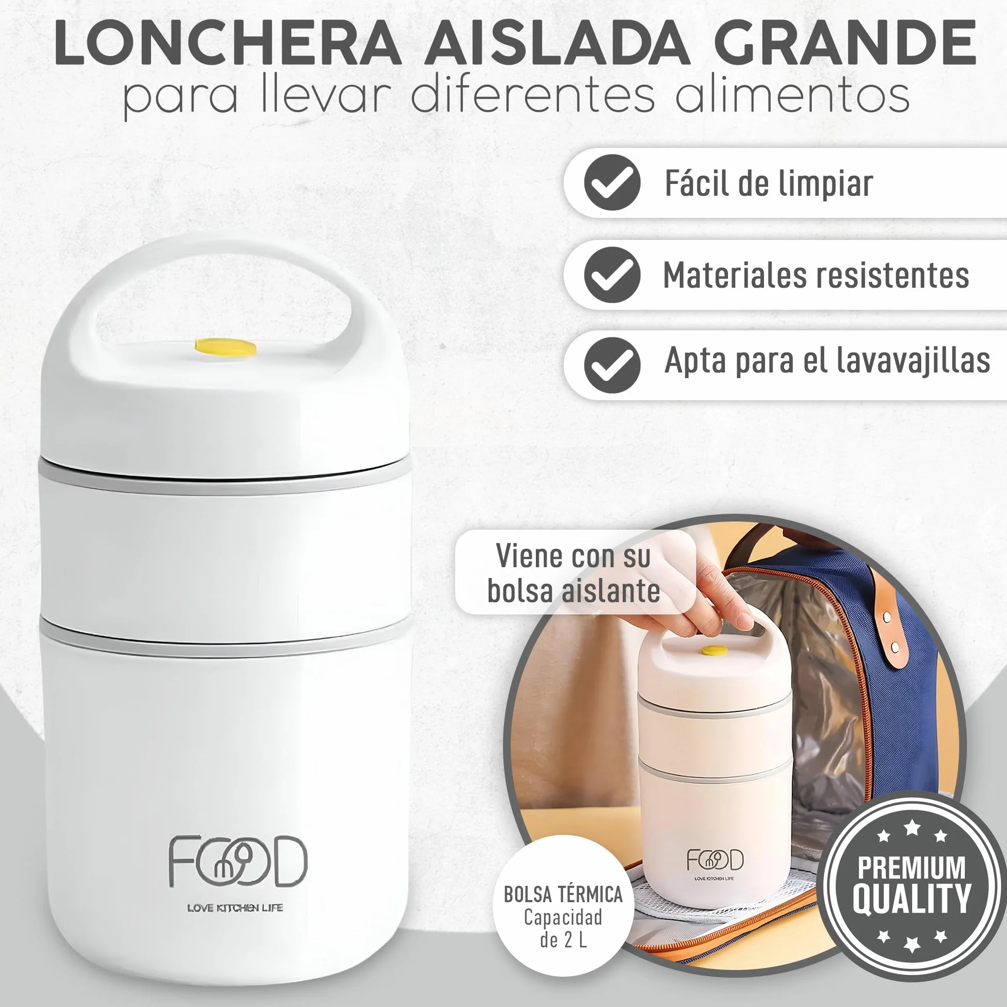 Półtermiczny pojemnik na lunch 660 ml biały BPA free z izolowaną torbą