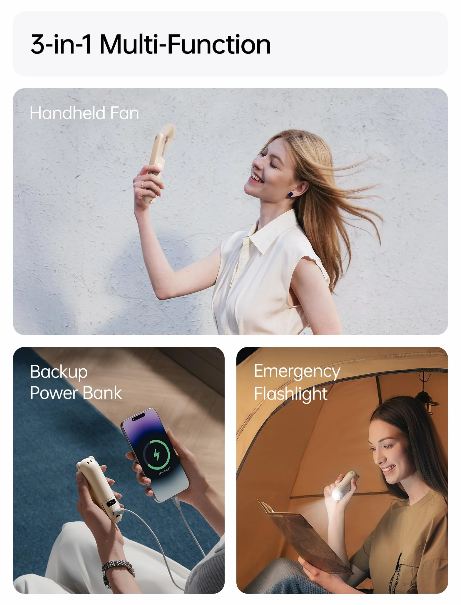 JISULIFE Mini wentylator ręczny, ulepszony, przenośny wentylator o czasie pracy do 24 godzin, cyfrowy wyświetlacz LED, łączy powerbank i latarkę, idealny w podróży, na lato, koncert, brązowy