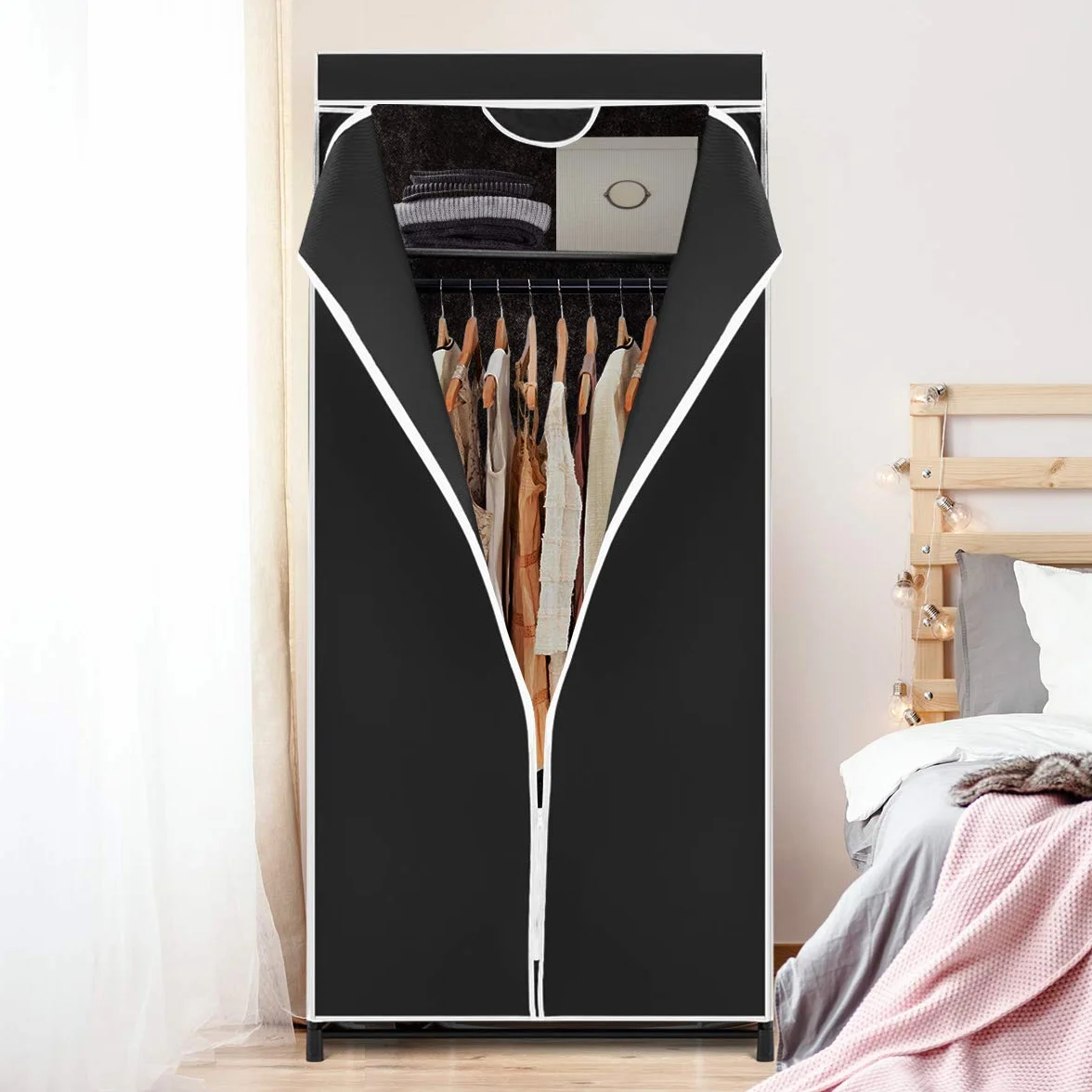 GIANTEX Szafa na ubrania z materiału z drążkiem na ubrania i półką, składana szafa 74 x 50 x 172 cm, wieszak na ubrania, metalowy stelaż z osłoną przeciwpyłową, do sypialni, garderoby (czarna)