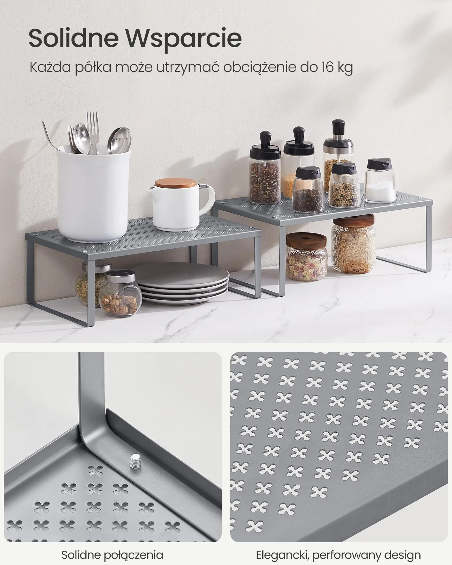 SONGMICS Półka na przyprawy, zestaw 2 szt., półka kuchenna, organizer kuchenny, kuchnia, uchwyt na przyprawy, rozkładany, składany, mała półka, metal, srebrny KCS401G01