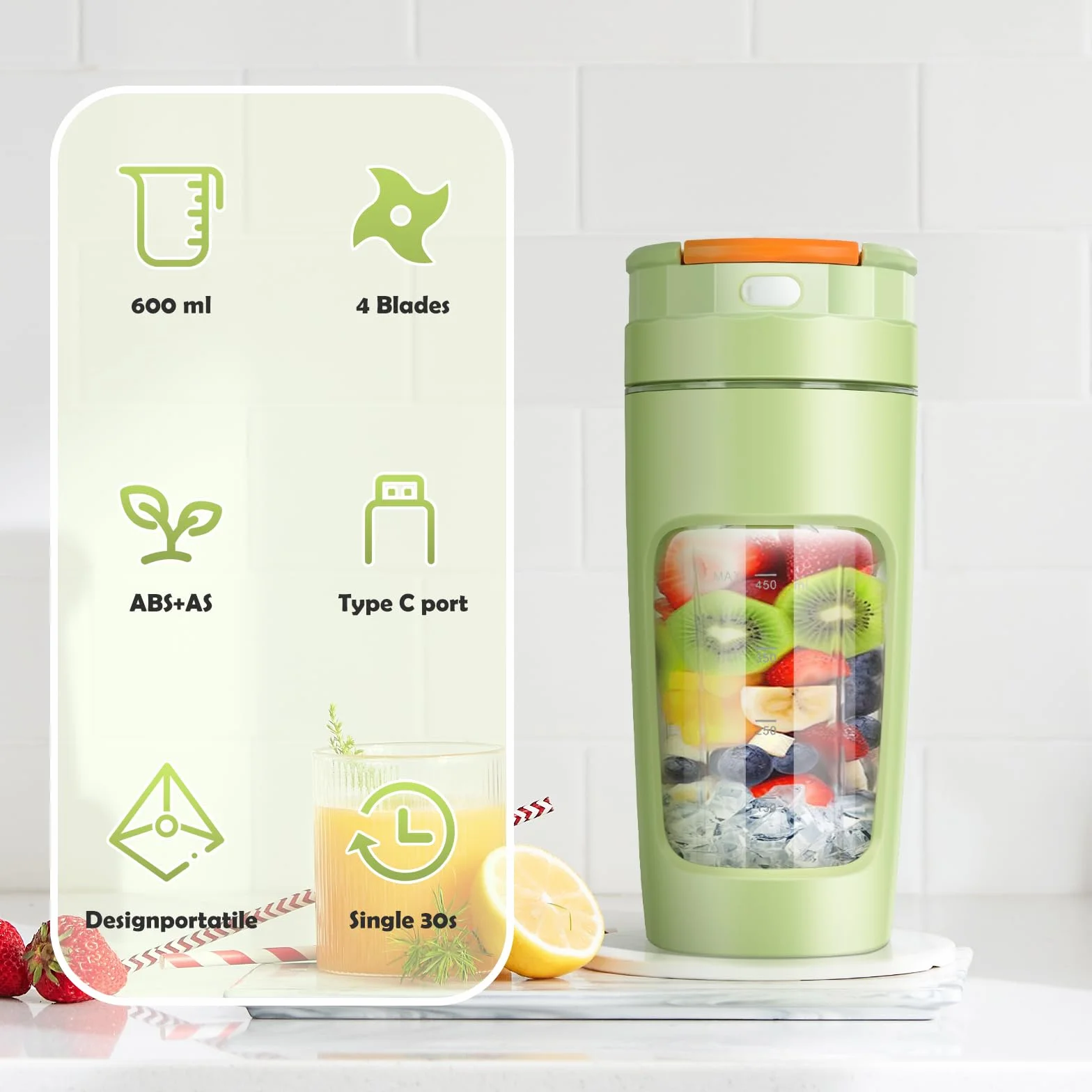 Lekki Przenośny Blender, ręczny mikser do owoców o pojemności 600 ml, mocny bezprzewodowy mini blender, z możliwością ładowania, smoothie, koktajle białkowe, kruszy lód i mrożone owoce (Zielony)