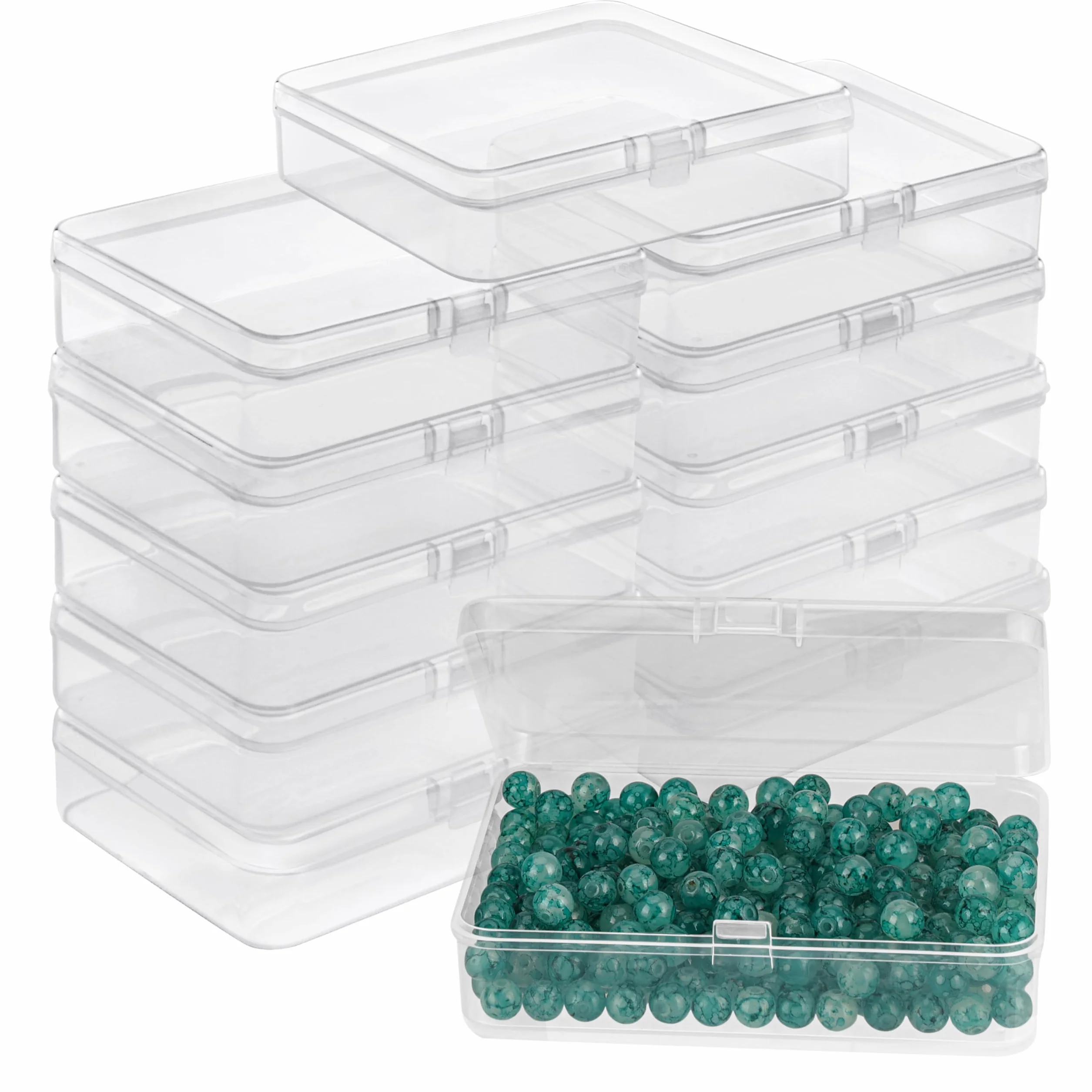 BELLE VOUS 12 małych przezroczystych plastikowych pojemników do przechowywania z pokrywą na zawiasach, 11,2 x 8,3 x 2,8 cm, mini pudełka na tabletki, koraliki, biżuterię i artykuły rzemieślnicze