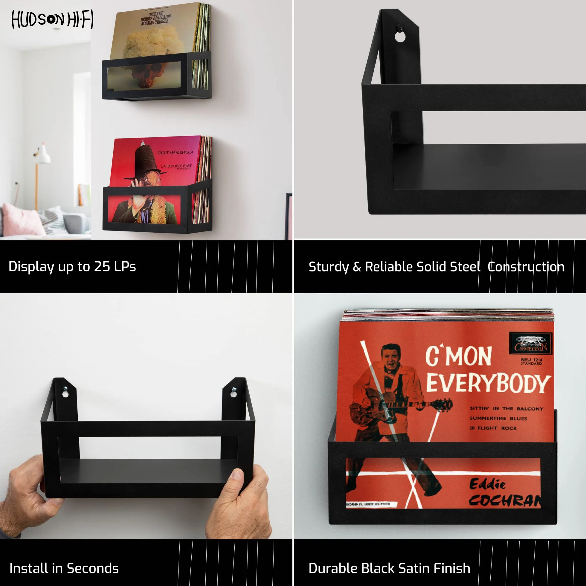 Hudson Hi-Fi Wall Mount Vinyl Record Storage 25-Album Display Holder - Black Satin - Two Pack
