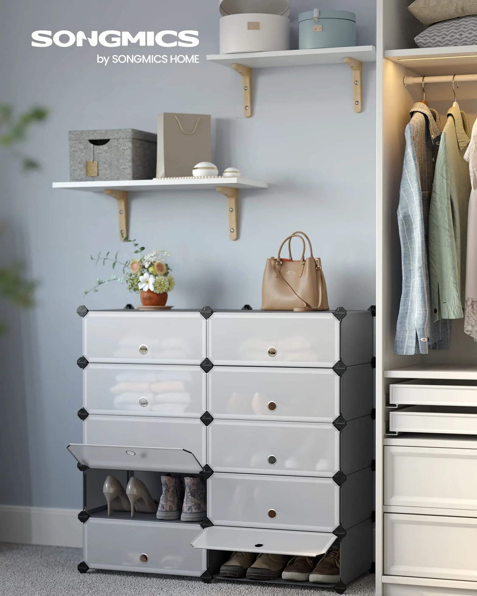SONGMICS Zamykany stojak na buty, prostokątny organizer, 10-szczelinowy modułowy regał do przechowywania DIY, każdy moduł 40 x 30 x 17 cm, szafa z tworzywa sztucznego z drzwiami, szary LPC010G01