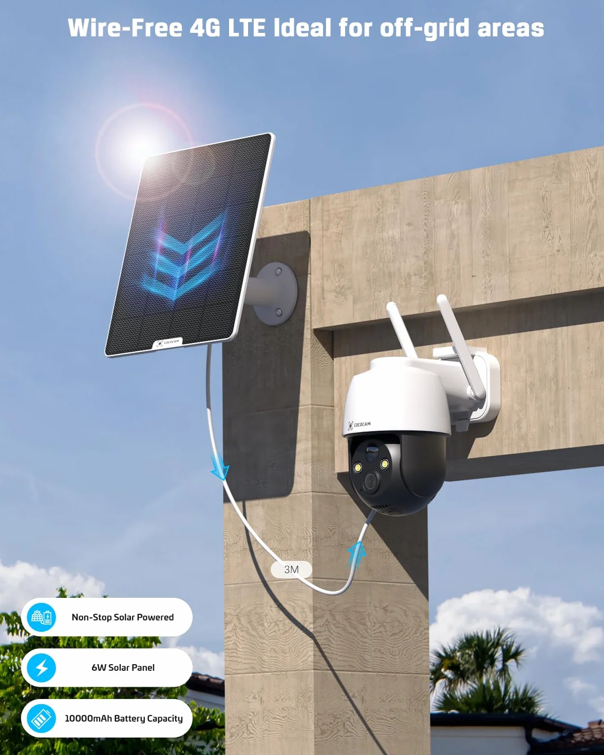 COCOCAM 3G/4G LTE bez kamery bezpieczeństwa WiFi, słoneczna kamera bezpieczeństwa 2K na zewnątrz, bezprzewodowa, wykrywanie ludzi PIR, rozpoznawanie AI,karta SIM w zestawie, współpracuje z Alexą