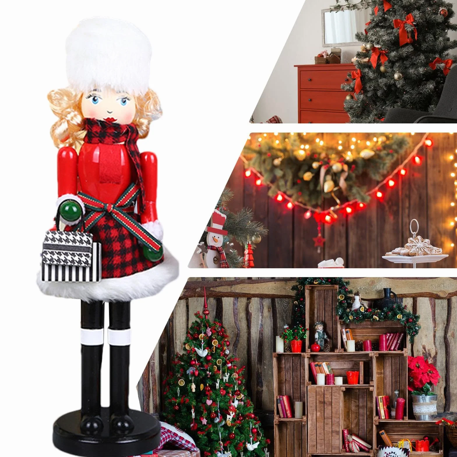 Woman Nutcracker Christmas Decorations, Wooden Nutcracker Figures 15.55x4.13 Inches, Puppet Christmas Table Decor, Bookshelf, Hotel, Cafe, Wood, Reusable Material
