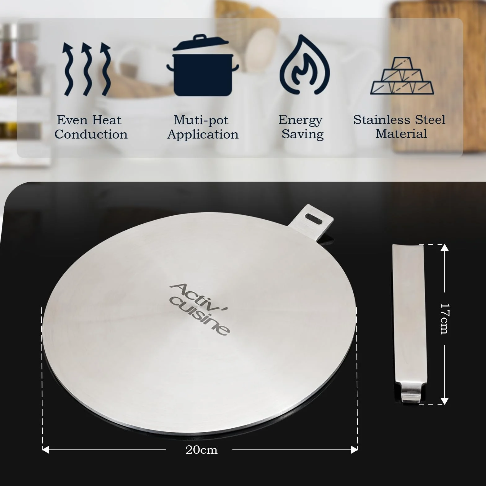 ACTIV CUISINE płyta indukcyjna 20 cm, indukcyjny adapter ze zdejmowanym uchwytem z nierdzewnej stali Moka