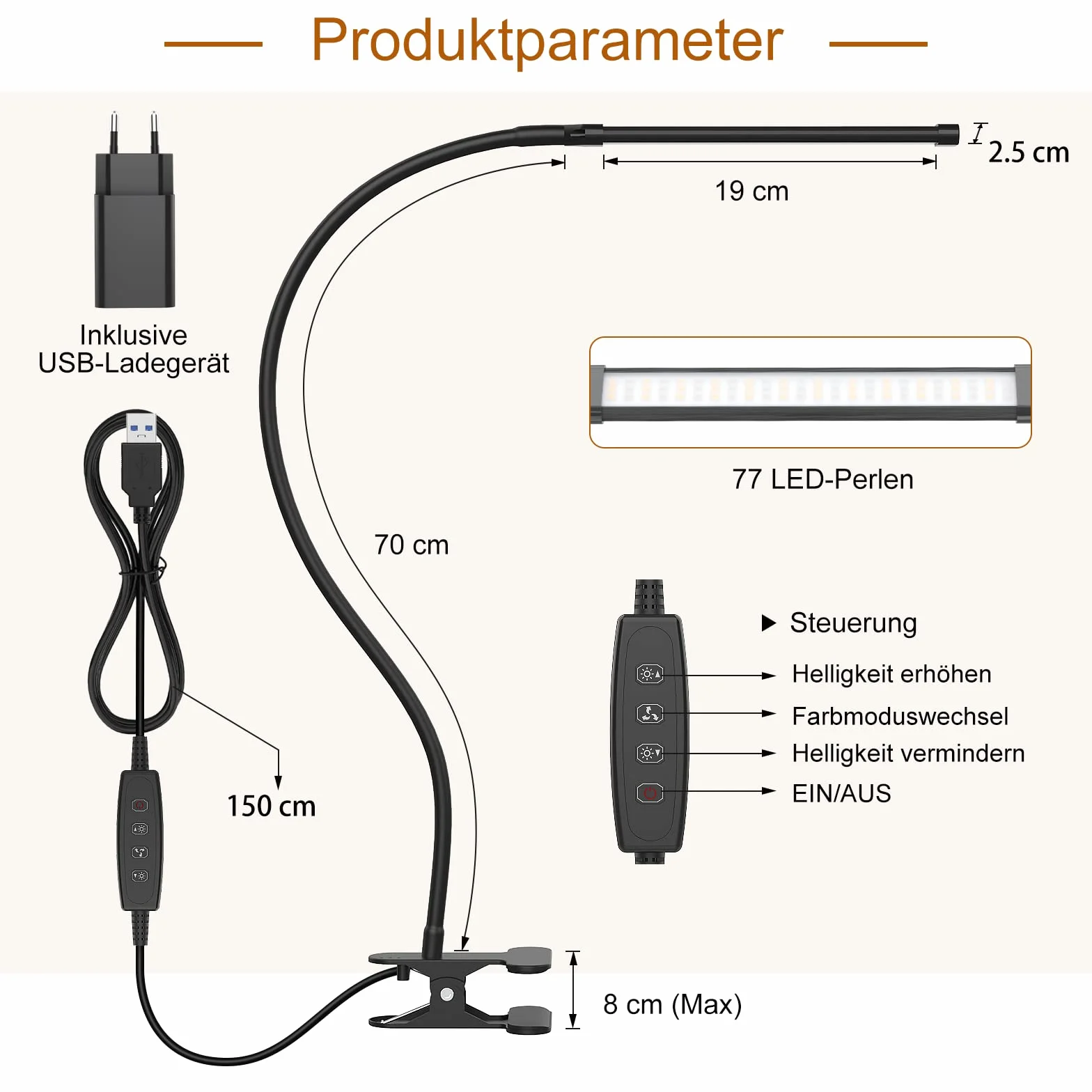 Lampa biurkowa iZELL 77 LED [niezwykła moc oświetlenia] Lampa 70 cm z zaciskiem, 3 kolory i 10 poziomów jasności 360° Elastyczna lampa do czytania z ładowarką USB do domu/bi