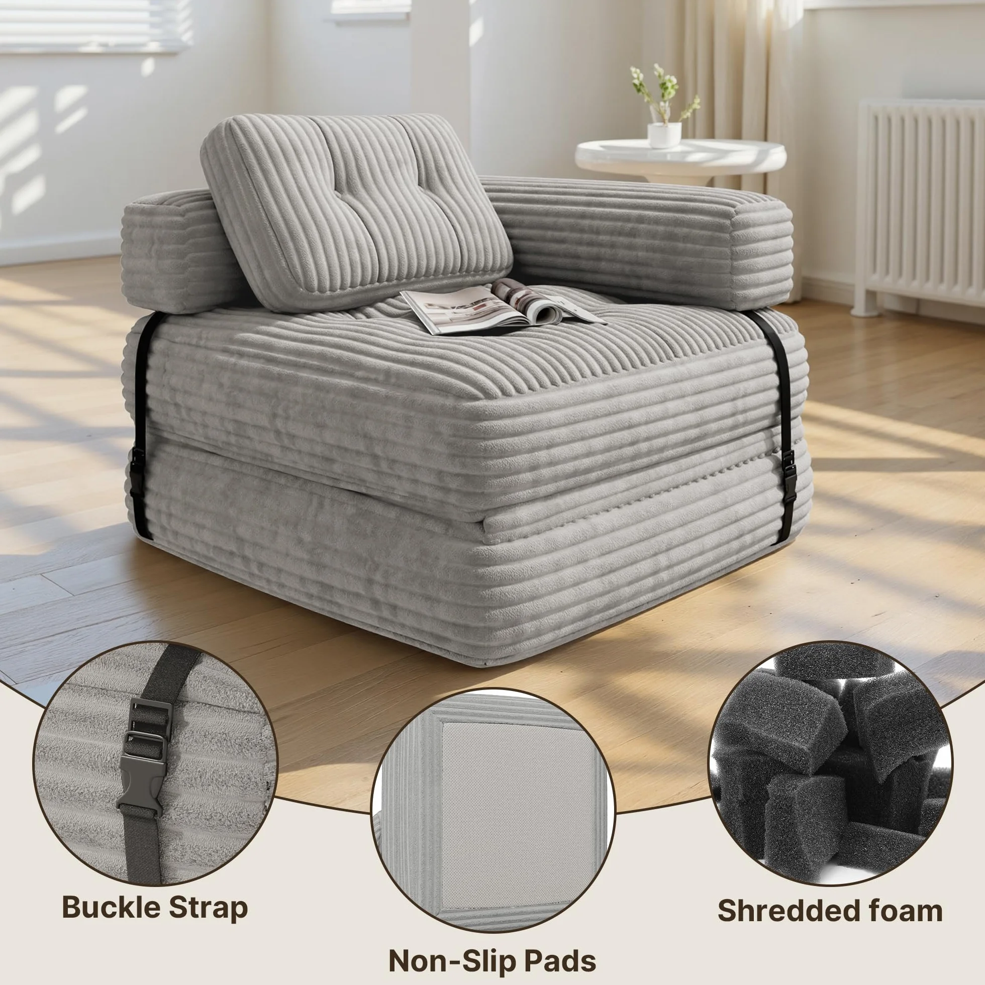 Xbro Składana sofa z podłokietnikiem w kształcie litery L, składany fotel 2 w 1 przenośny do małych przestrzeni, sztruksowa tkanina z wypełnieniem piankowym, 190 x 85 cm rozłożony (jasnoszary)