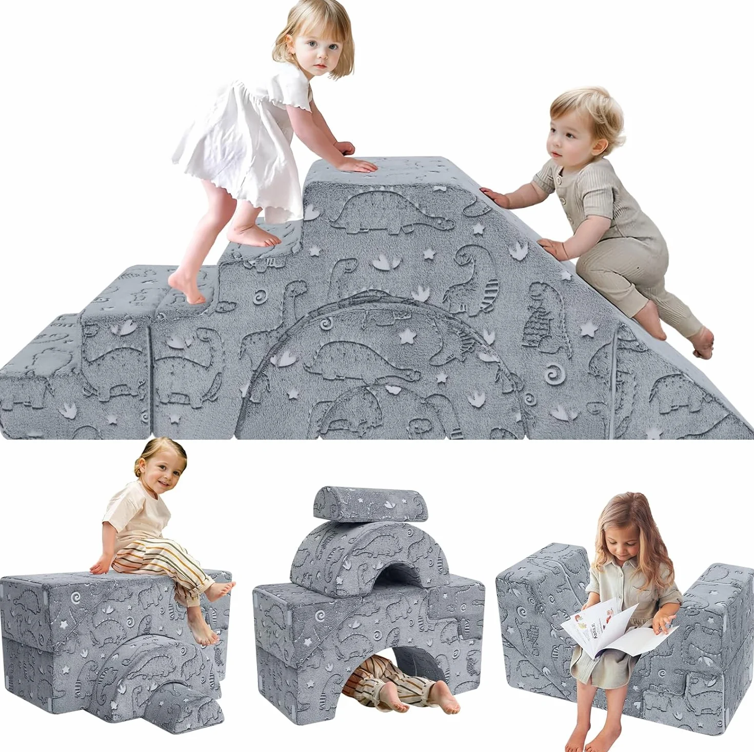 MeMoreCool Modułowa sofa dziecięca z pianki, rozkładany mebel do pokoju dziecięcego z funkcją siedzenia i leżenia, miękka mini sofa ze zdejmowanym pokrowcem, szary dinozaur