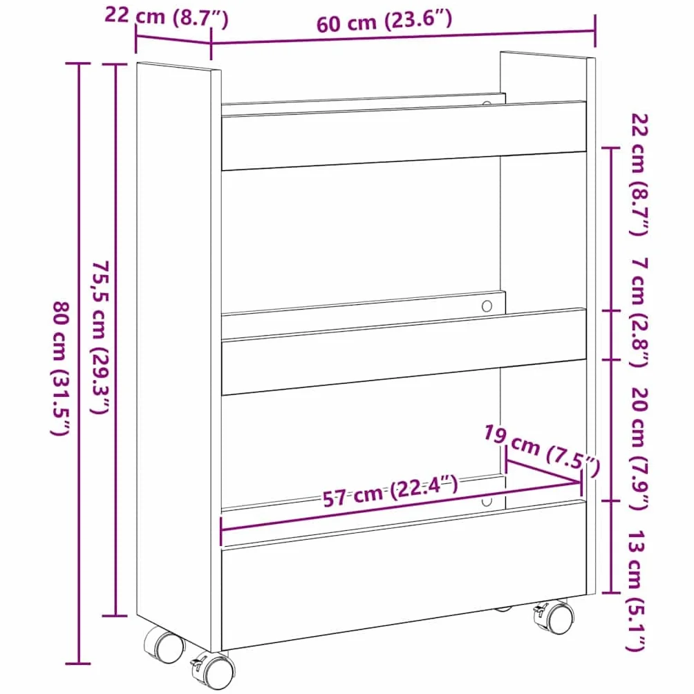 vidaXL Wąski Wózek do Przechowywania Czarny Dąb 60 x 22 x 80 cm, Nowoczesny wózek kuchenny, prostokątny design, trwały organizer, wąska konstrukcja do domu