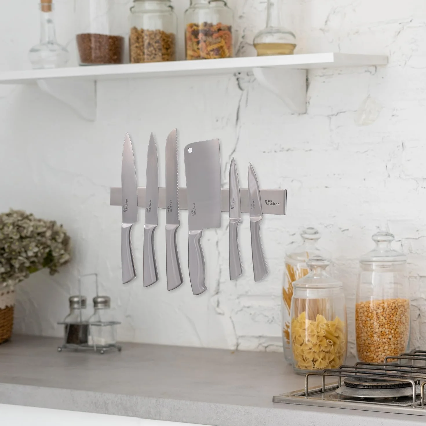 Joeji's Kitchen Mocny magnetyczny uchwyt na noże 40 cm, stal nierdzewna, łatwy montaż, klej 3M lub śruby, idealny do kuchni lub garażu, narzędzia