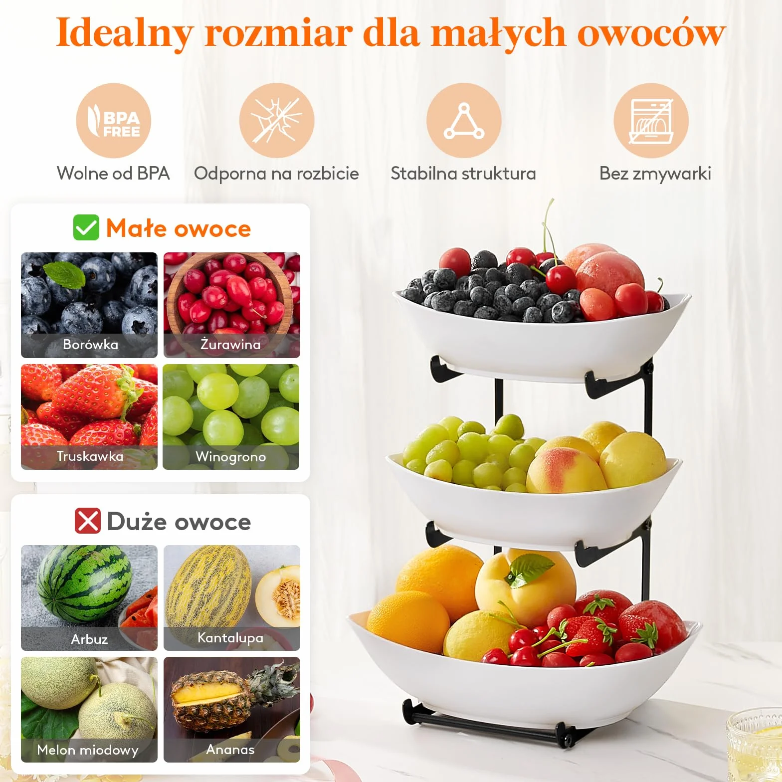 Lifewit Etażerka na owoce z 3 poziomami, półka, półka, biała taca wielokrotnego użytku z miseczkami na owoce, do bufetów, owoców, przekąsek, warzyw, ciastek, deserów, czarna