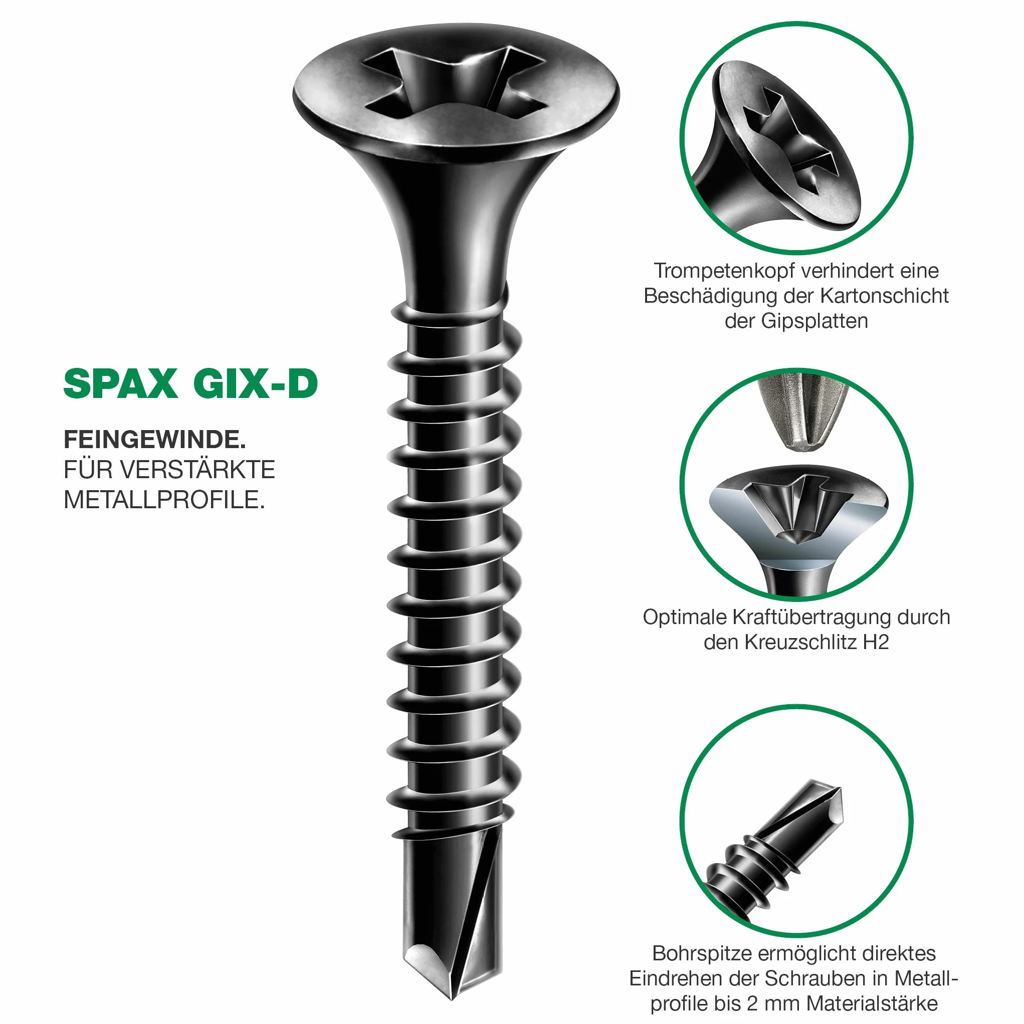 SPAX GIX-D śruby do szybkiego montażu 3,5 x 45 mm, pełny gwint, 500 sztuk, końcówka wiertnicza, rowek krzyżowy H2, łeb trąbkowy, śruby do płyt gipsowo-kartonowych do wzmocnionych profili metalowych – 1991170350455