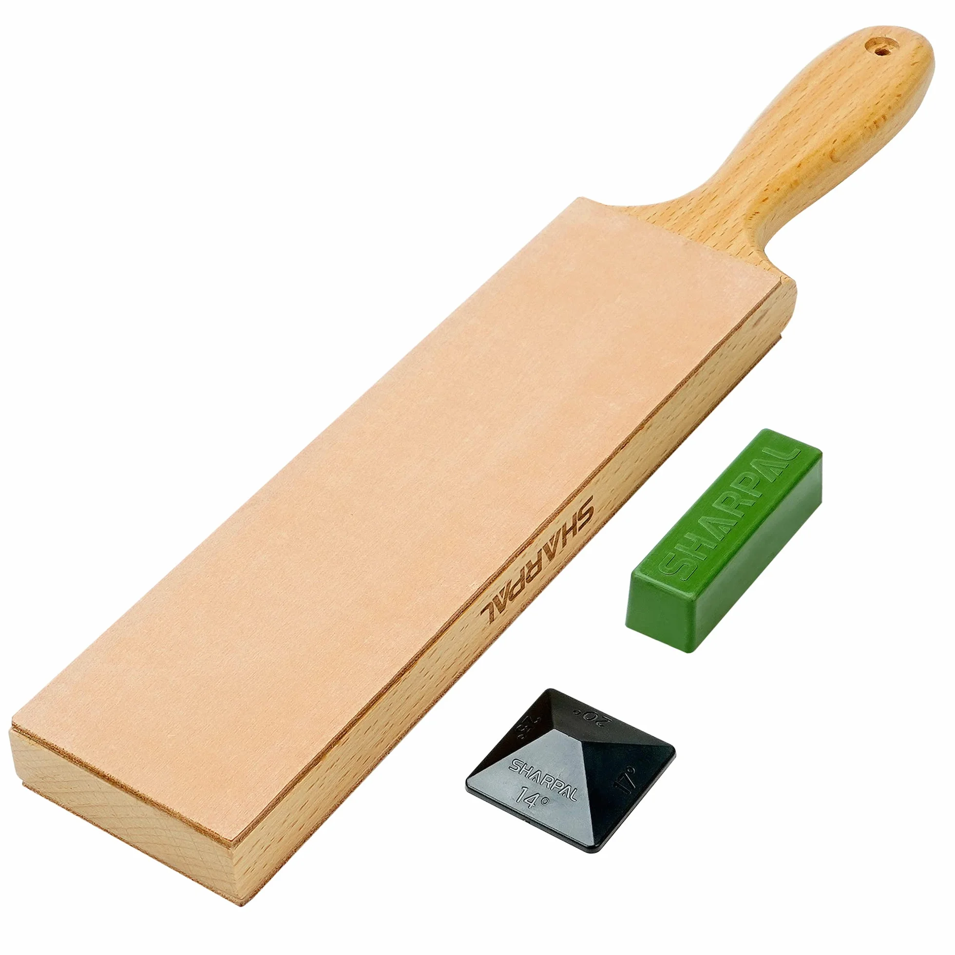SHARPAL 205H dwustronny skórzany pasek szlifierski (330 x 60 mm), zestaw z pastą polerską 53 g i prowadnicą kątową, blok na noże do ostrzenia i ostrzenia noży