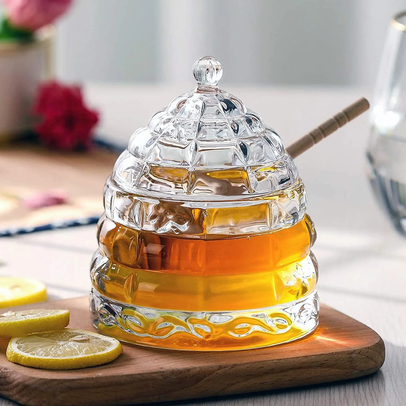 Kryształowo przezroczysty szklany słoik na miód z łyżką i pokrywką, 325 ml doniczka na miód do blatu lub dekoracji stołu