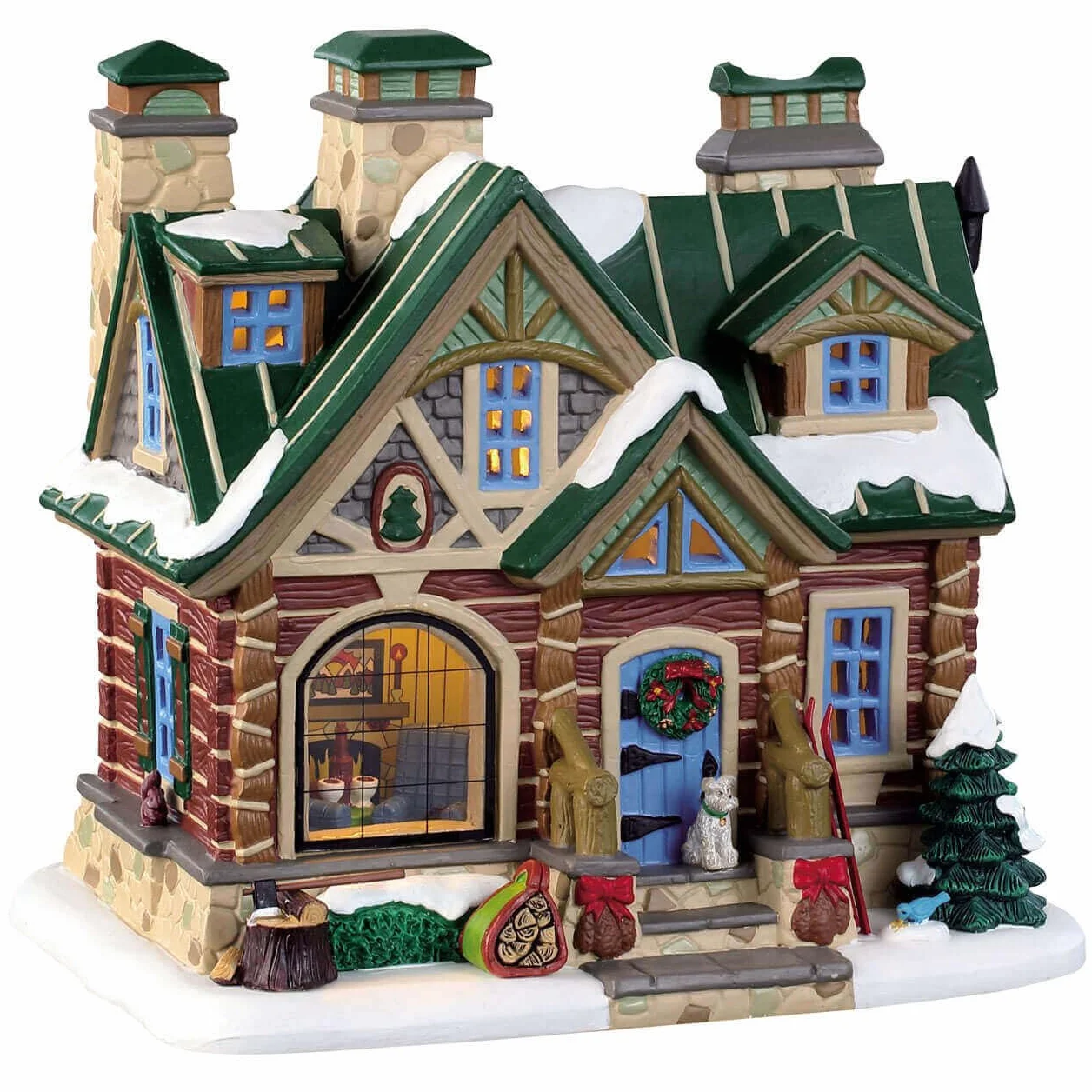Lemax 95474 - Pine Peak Retreat - Nowość 2019 - Porcelanowe domy ze sceną wewnętrzną - Christmas Village - podświetlany i zasilany bateriami