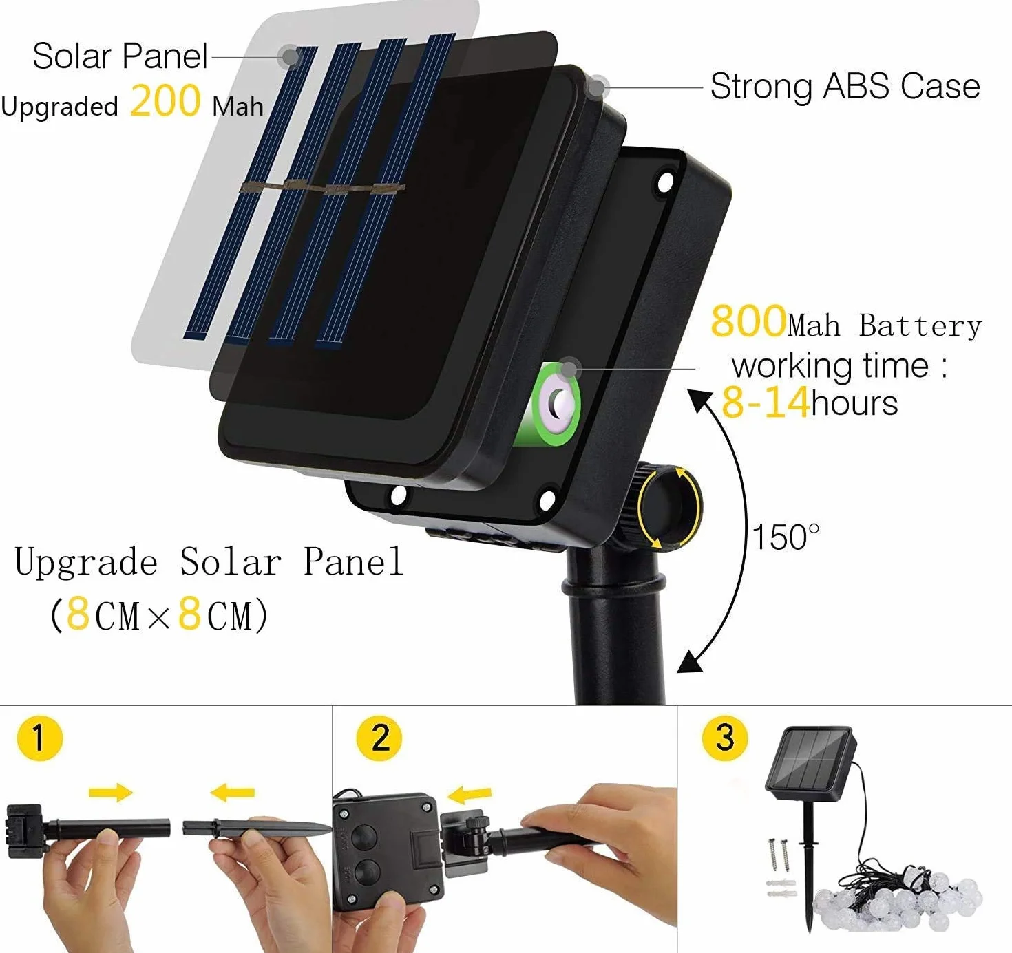Augone Solarne lampy ogrodowe wodoodporne, 50 diod LED, 7 m/24 stóp łańcuch świetlny solarny na zewnątrz, 8 trybów, świetlne kule do użytku wewnątrz/na zewnątrz, na patio, trawnik, podwórko, na wesele