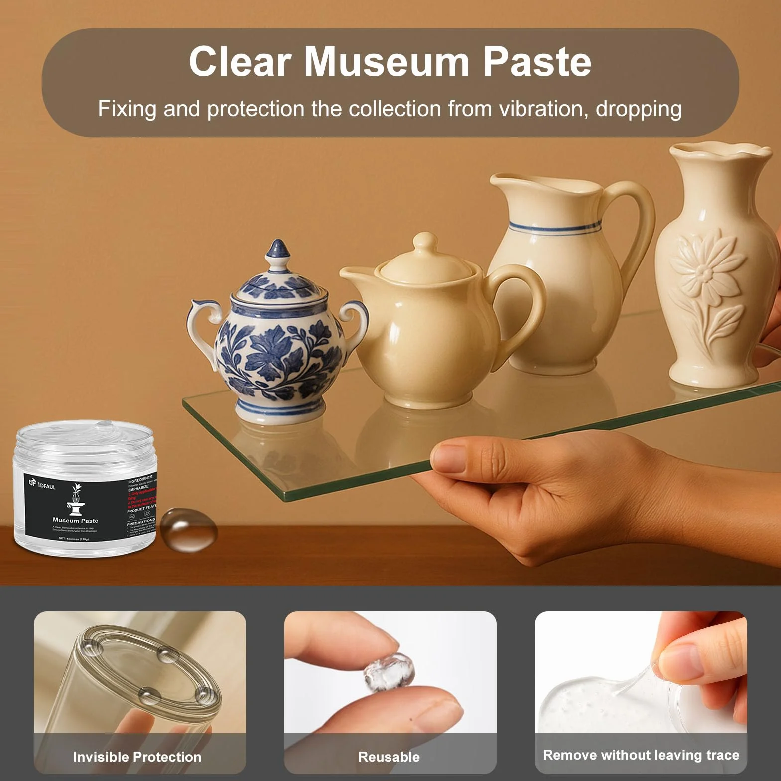 1DFAUL 110 g żel muzealny, Removable Clear Museum Paste Putty Wax, wielokrotnego użytku i bez pozostawiania śladów, stałe przedmioty kolekcjonerskie i dekoracje zapobiegające wstrząsom i upadkom