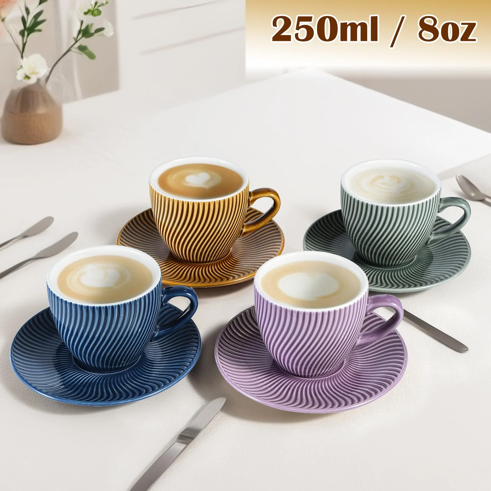 Yundu Zestaw Filiżanek Ceramicznych 228 ml 4 Sztuki do Kawy Cappuccino Espresso Herbaty