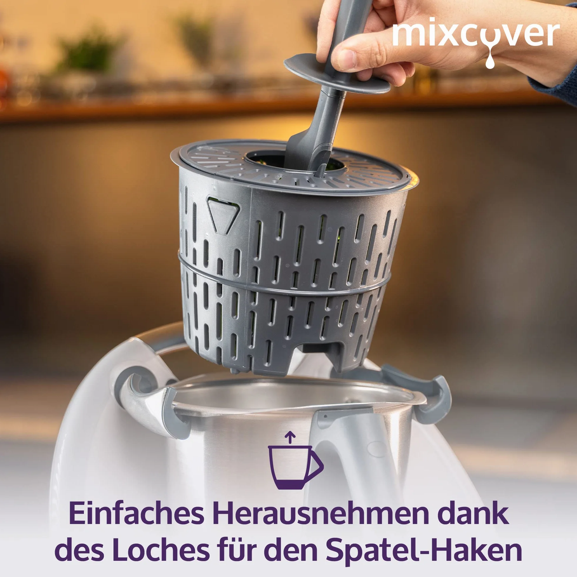 mixcover ulepszona wersja wirówki do sałat z e-bookiem z książeczką przepisów, kompatybilna z Thermomix TM7 TM6 TM5 – mycie i suszenie sałaty – suszarka do sałat - również do gotowania