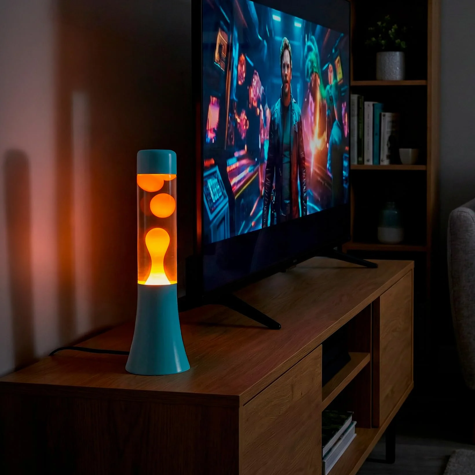 Fisura – Lampa lawa zielona 30 cm, lampa lawa relaksacyjna w stylu retro do domu, lampka dekoracyjna z niebieską podstawą i pomarańczowym płynem, oryginalny pomysł na prezent, 9 x 9 x 30 cm
