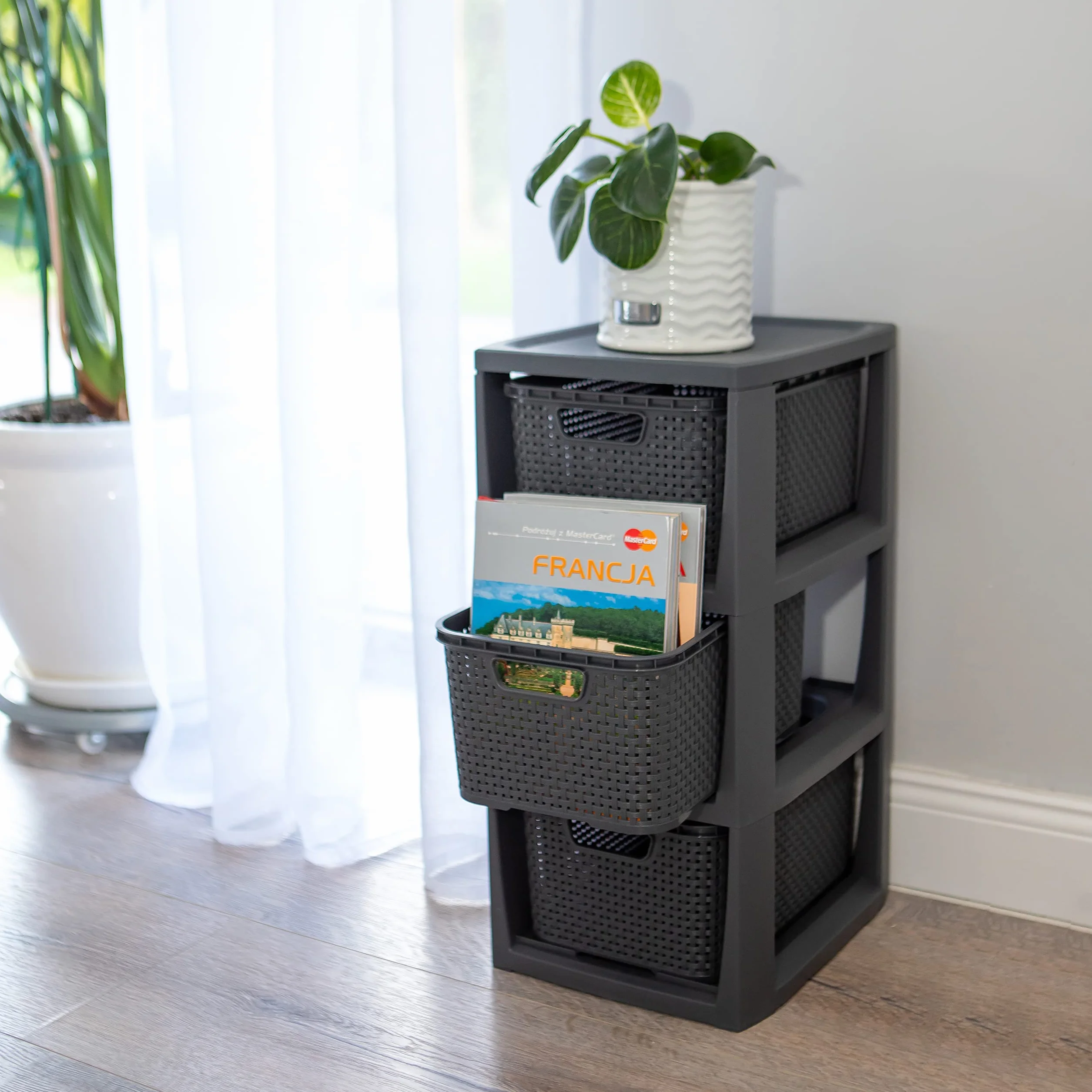 BranQ Home essential kosz rattanowy z recyklingu PP 29,5x24x48,7 cm 3 kosze Eco antracyt