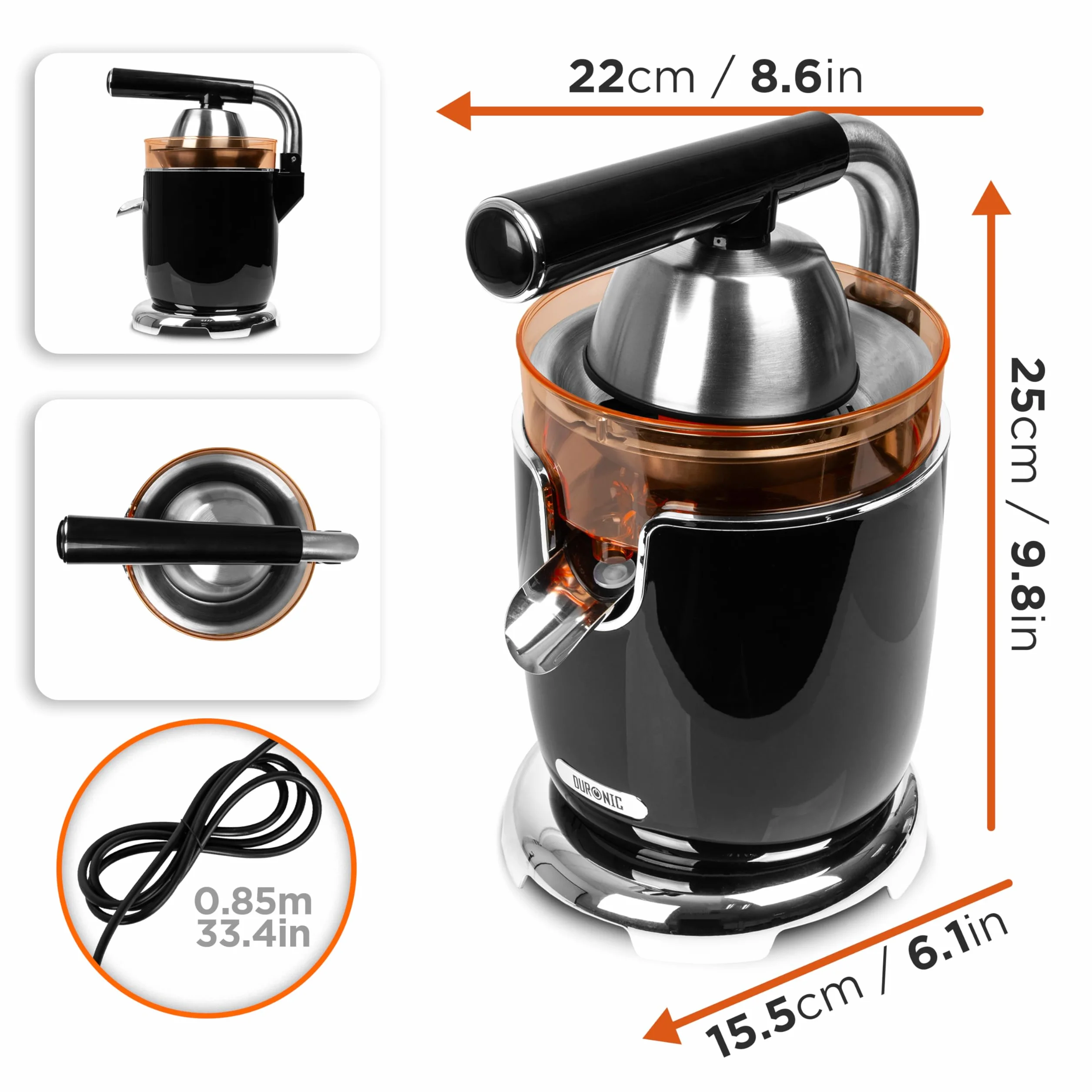 Dronic JE605 Wyciskarka do cytrusów 600W | Pojemność 400ml | Regulowany filtr do pulpy | Idealny do soku z cytrusów pomarańczy, świeżych cytryn, limonki