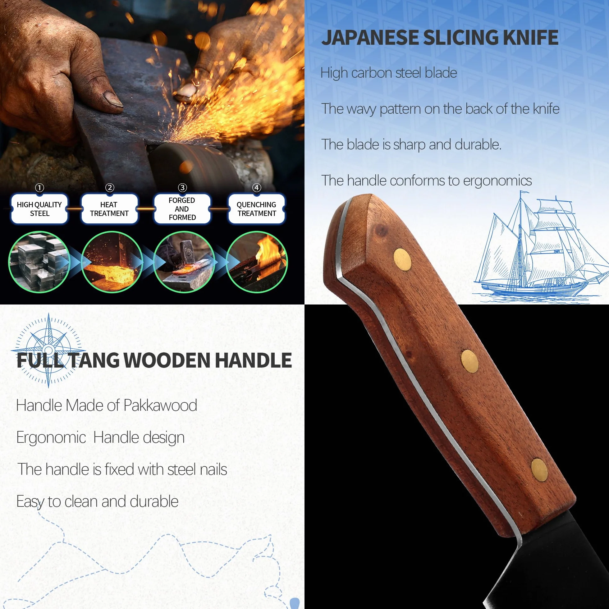 XYJ 8 Inch Slicing Knife With Sheath, Handmade Forged Kitchen Knife, Stainless Steel Blade, Full Tang, Meat Cleaver for Meat Cutting, Cooking Chefs Knife for Camping Outdoor BBQ for Women Men