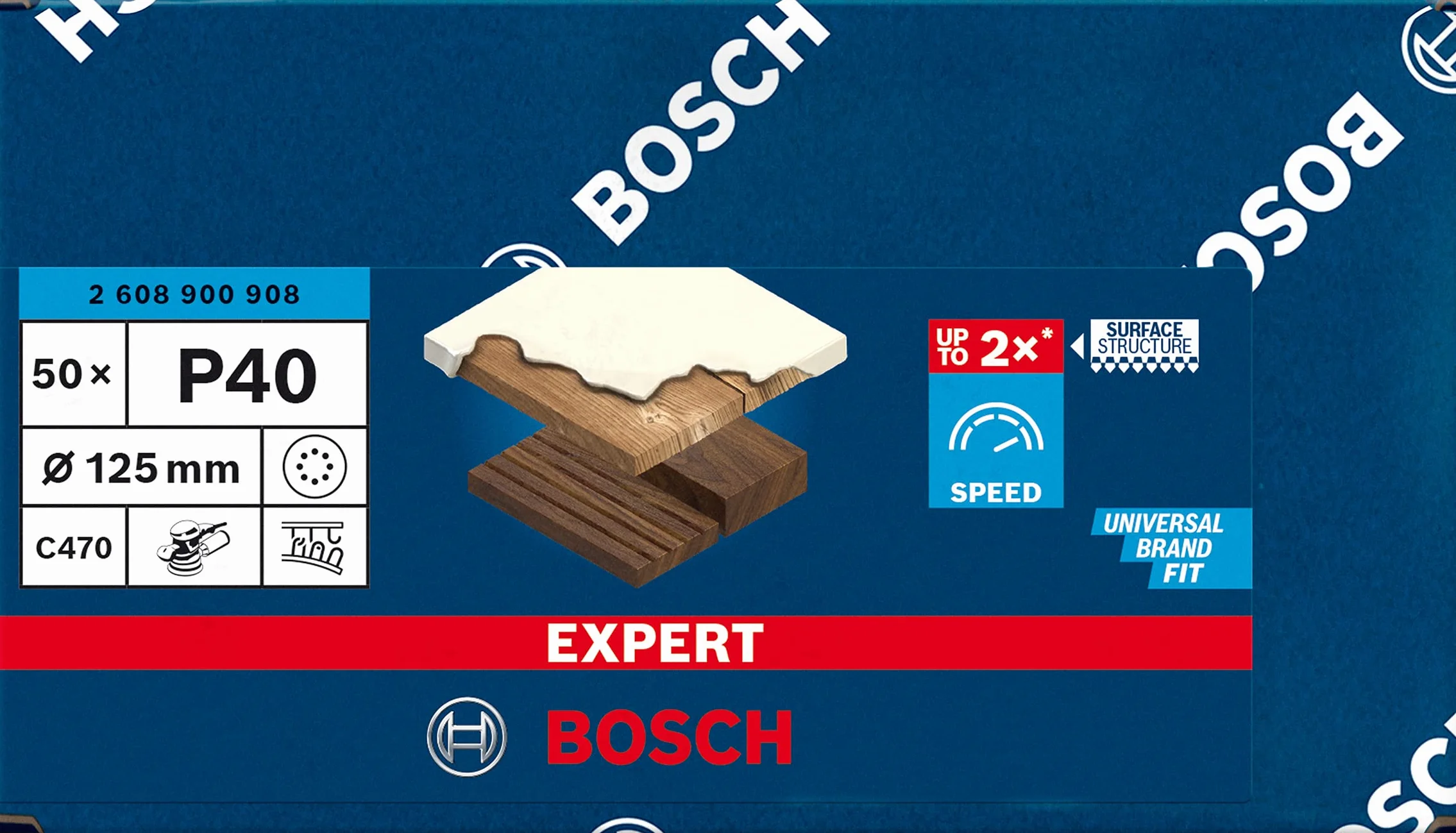 Bosch Professional 50x Papiery ścierne EXPERT C470 z 8 otworami (do Farba na drewnie, Twarde drewno, Ø 125 mm, Ziarnistość 40, Akcesoria Szlifierka mimośrodowa)