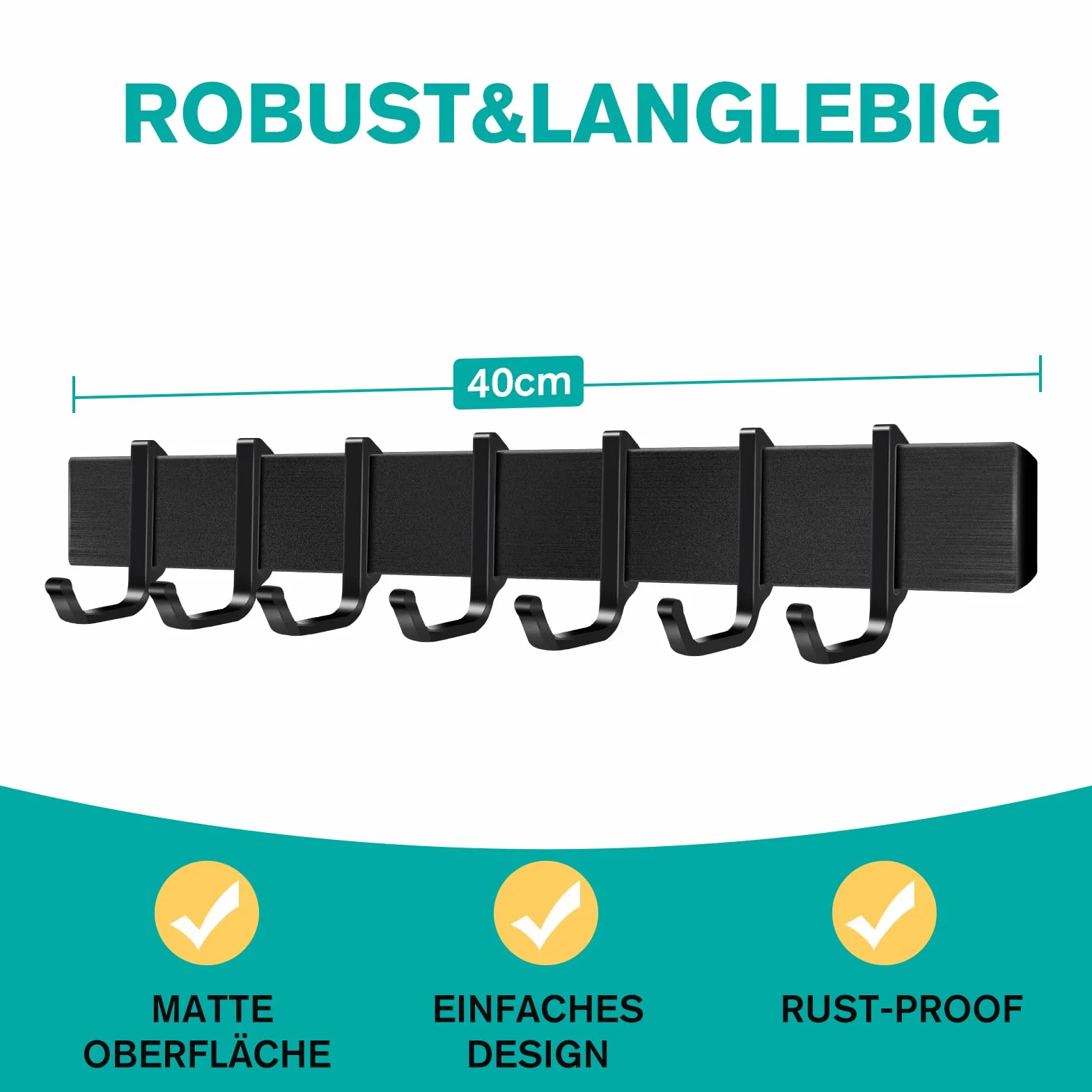 Aluminiowa listwa z haczykami do kuchni 40 cm czarna matowa bez wiercenia 7 haczyków